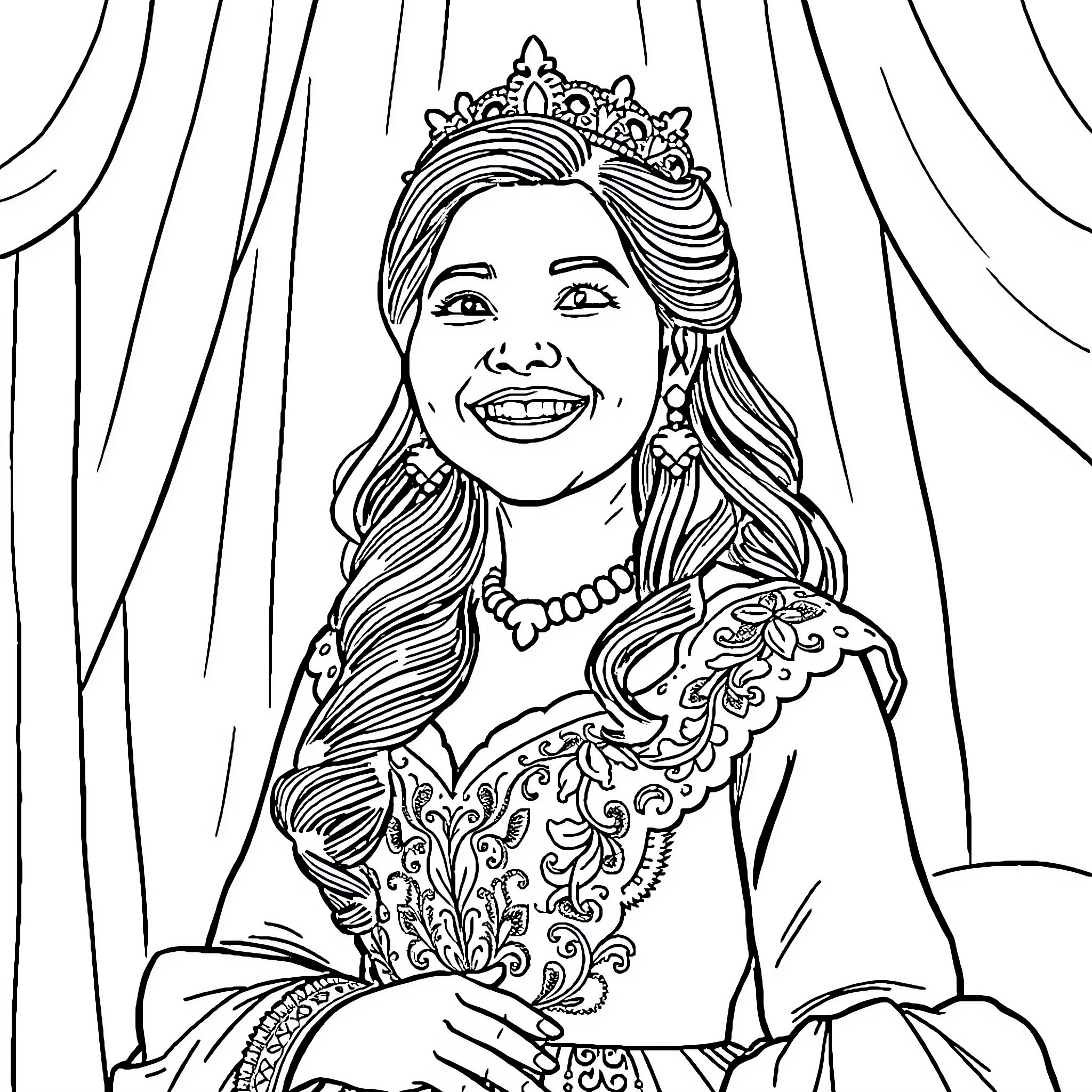 Phillipa Soo as a Regal Princess in an Ornate Gown Coloring Page (free black-and-white line drawing printable PDF for all, from beginners to advanced learners, including children, teens, adults, and seniors)