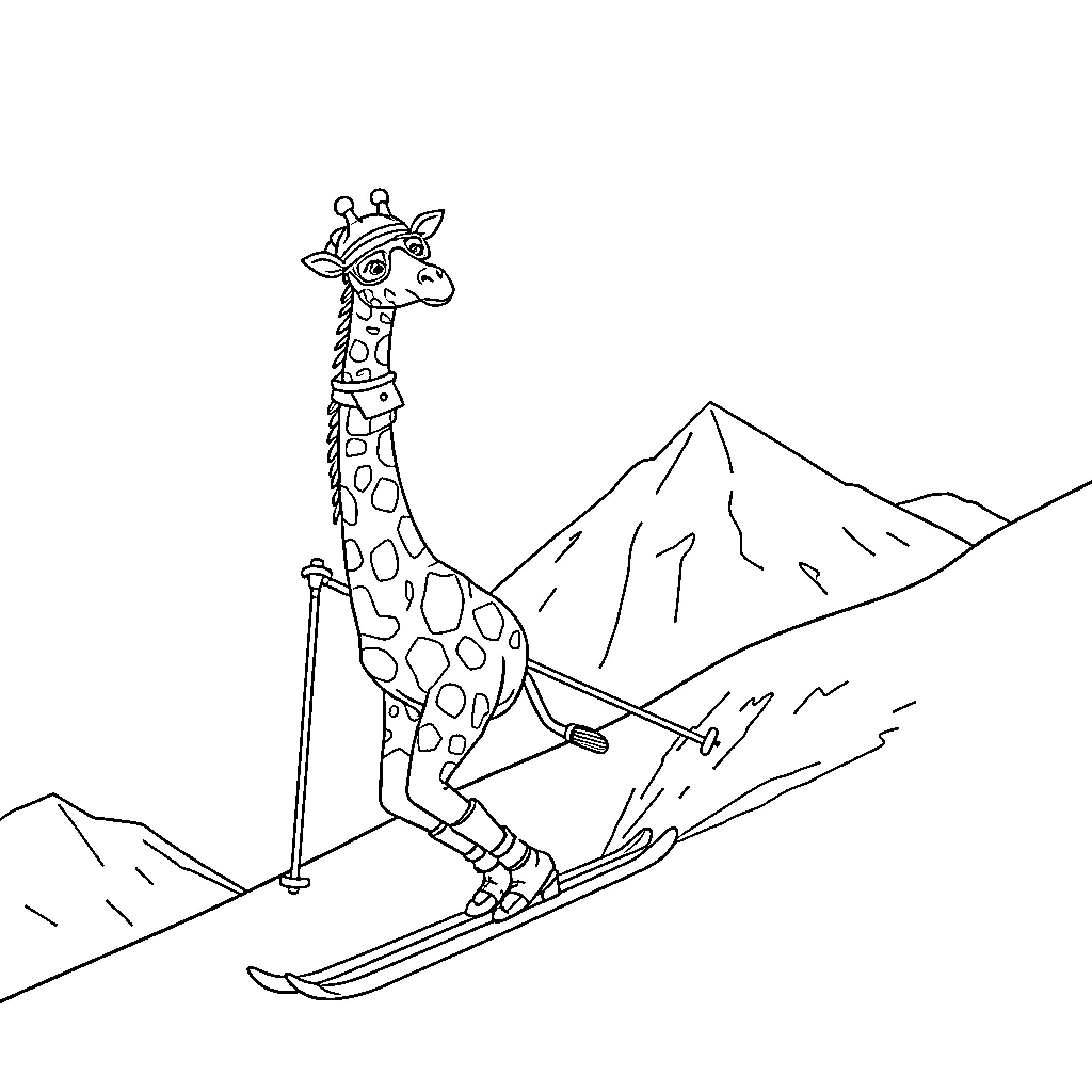 Giraffe skiing down the snowy mountain Coloring Page (free black-and-white line drawing printable PDF for all, from beginners to advanced learners, including children, teens, adults, and seniors)