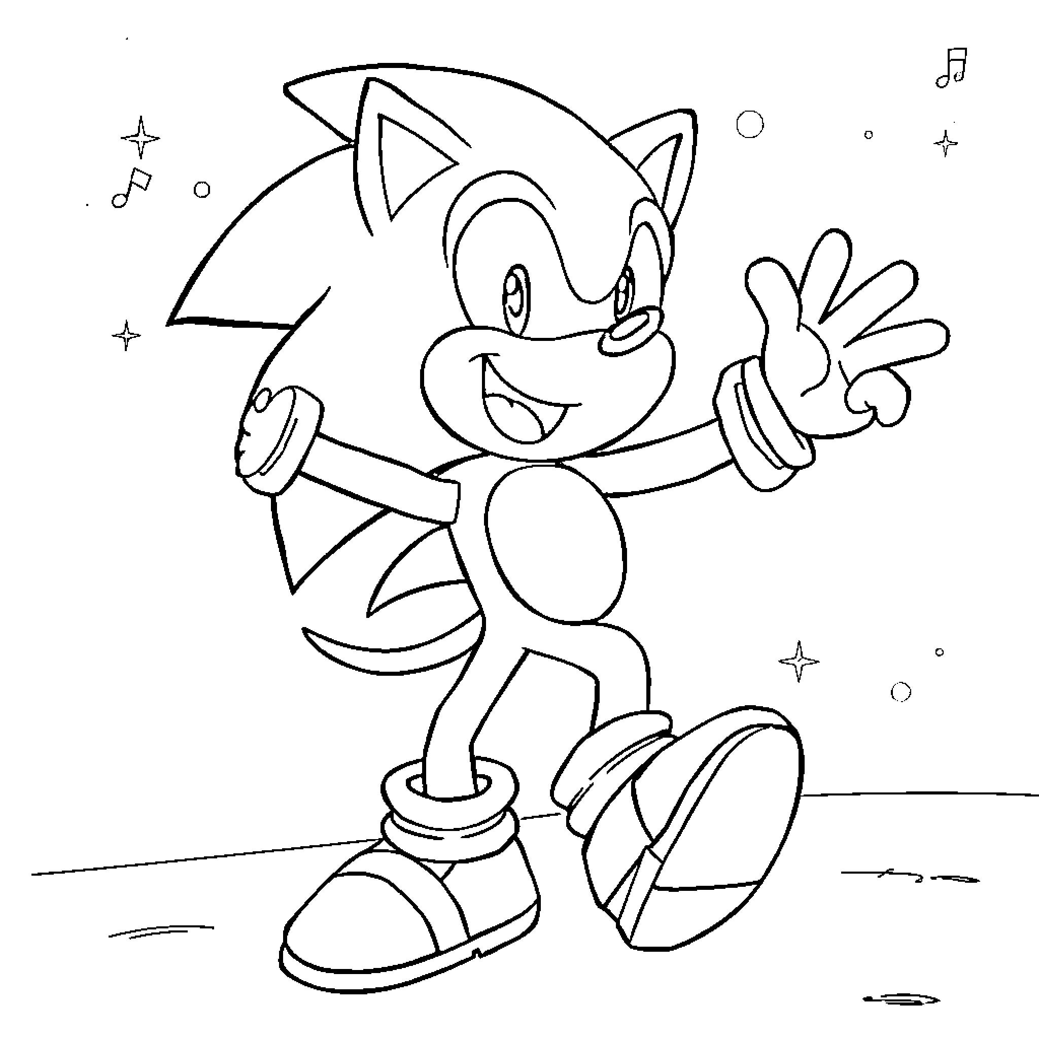 Sonic waving and posing happily Coloring Page (free black-and-white line drawing printable PDF for all, from beginners to advanced learners, including children, teens, adults, and seniors)