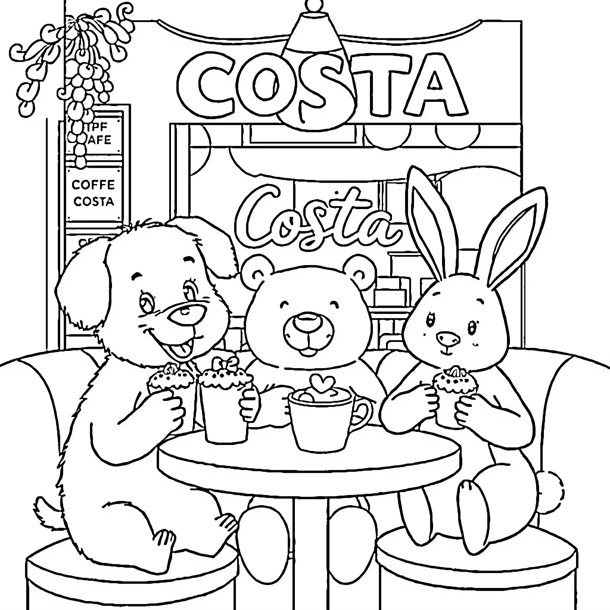Dog, Bear, and Rabbit Enjoying Coffee at Costa Coloring Page (free black-and-white line drawing printable PDF for all, from beginners to advanced learners, including children, teens, adults, and seniors)