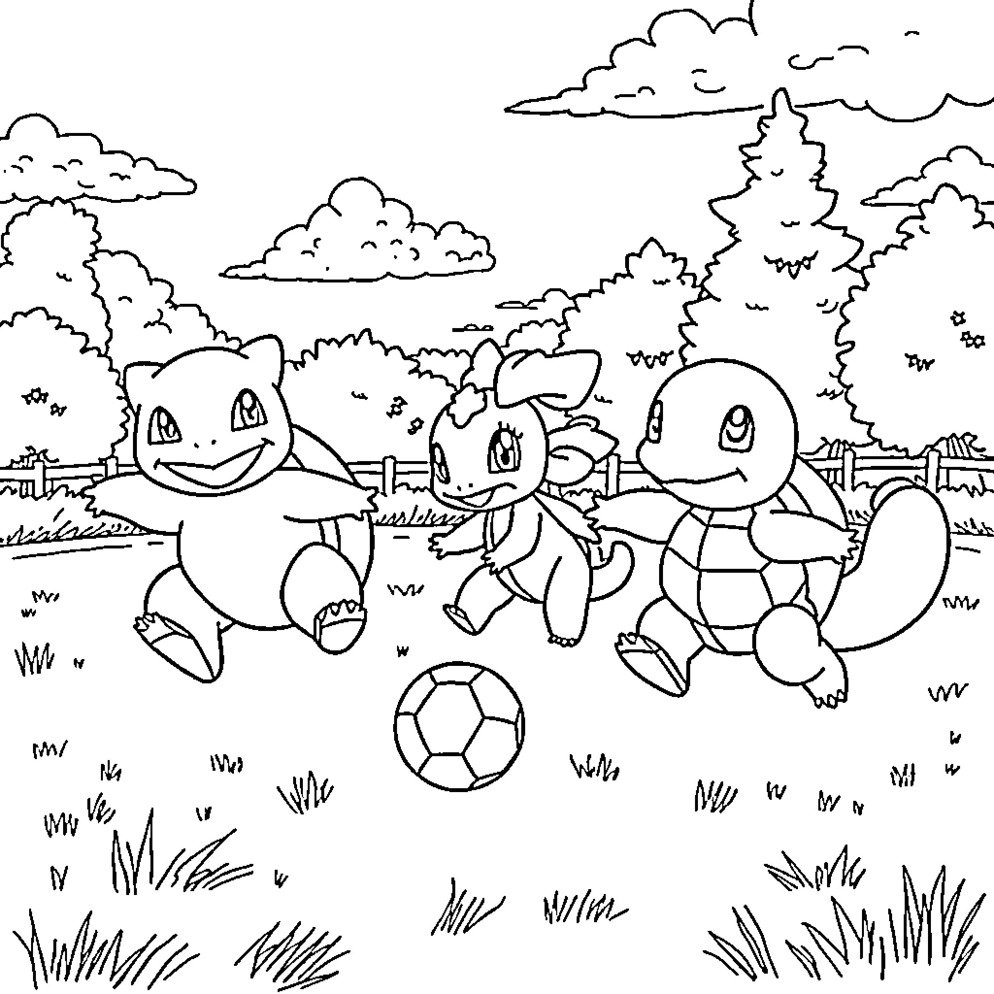 Pokémon friends playing soccer in the park Coloring Page (free black-and-white line drawing printable PDF for all, from beginners to advanced learners, including children, teens, adults, and seniors)
