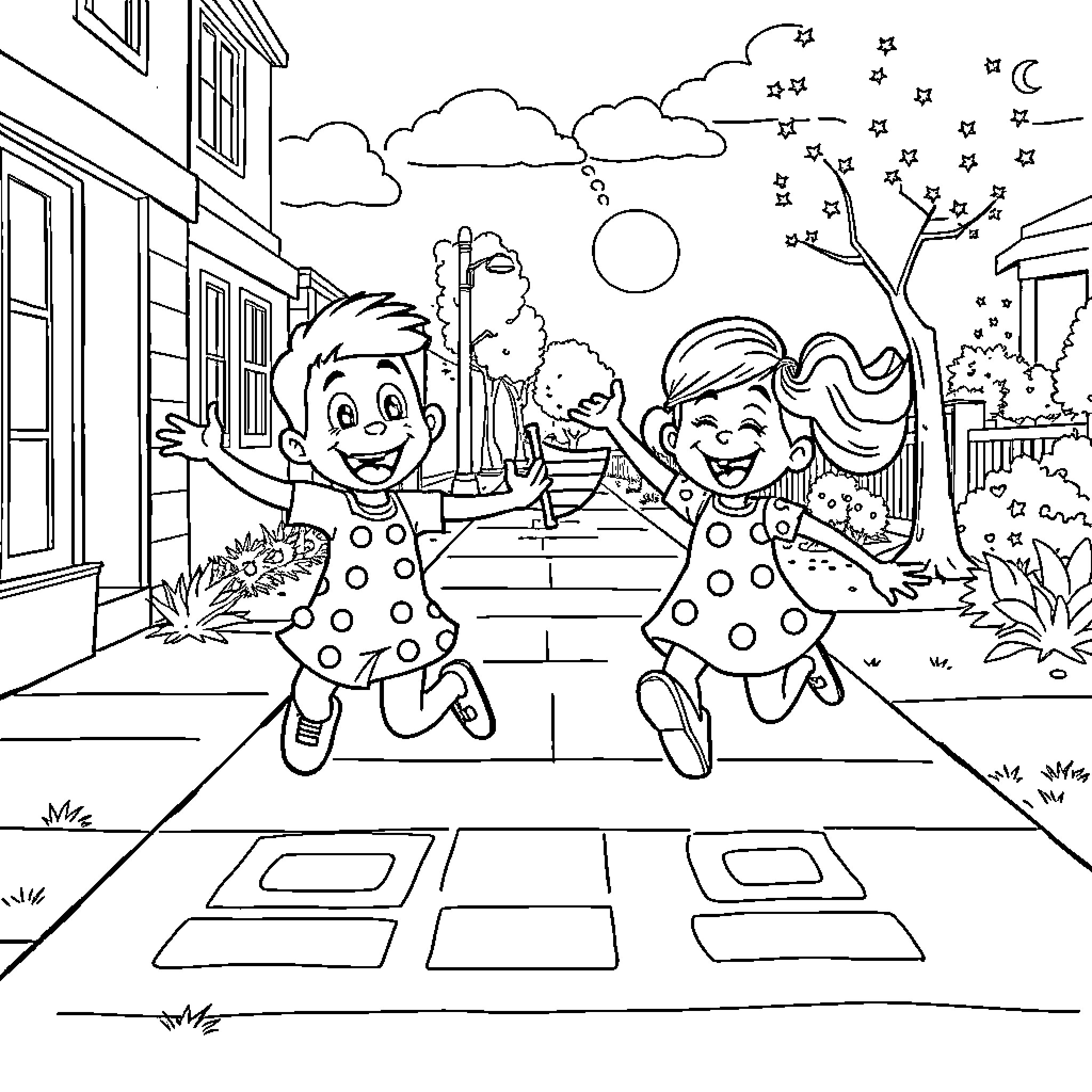 Bluey and friends enjoying a lively night in the neighborhood Coloring Page (free black-and-white line drawing printable PDF for all, from beginners to advanced learners, including children, teens, adults, and seniors)