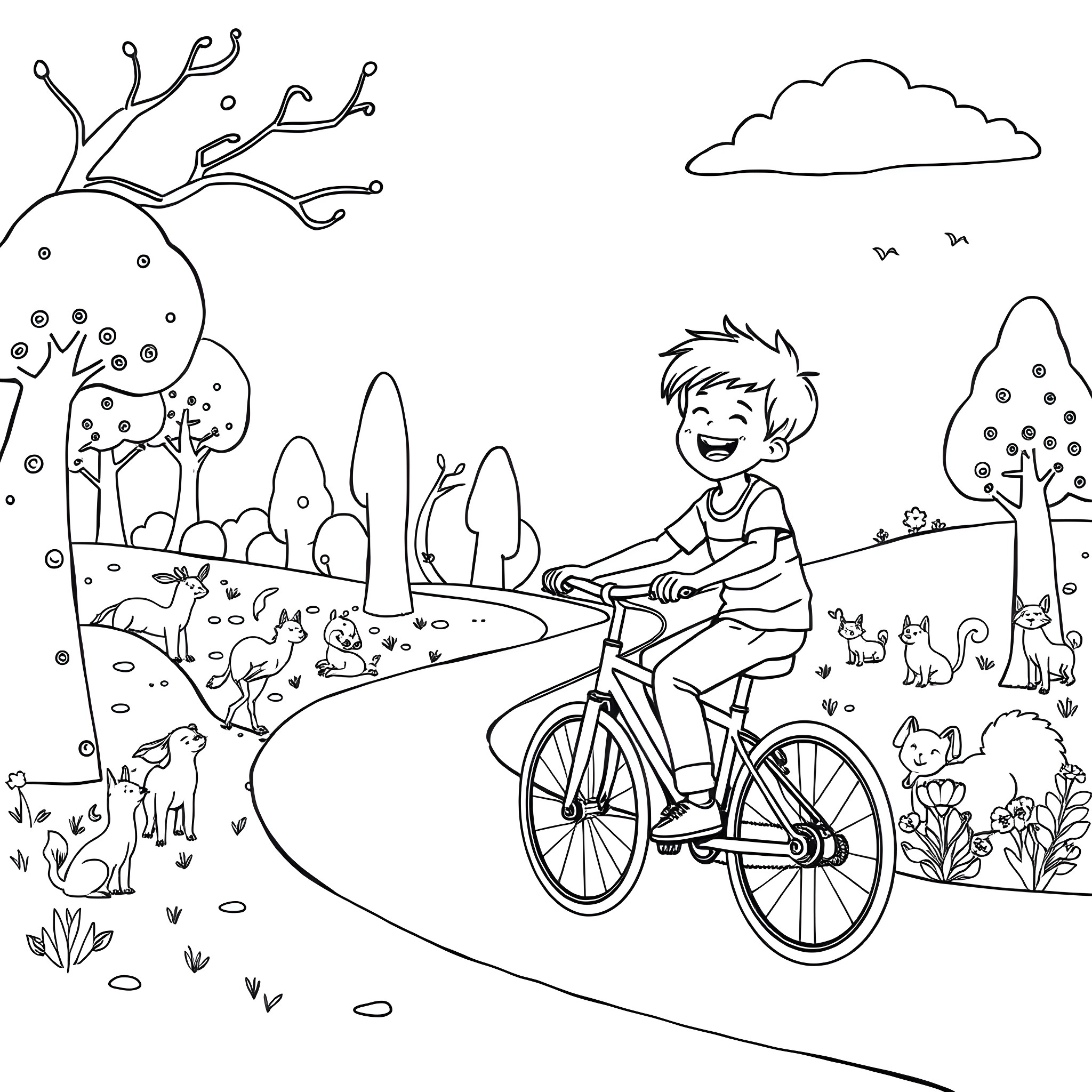 Boy riding bicycle through nature scene Coloring Page (free black-and-white line drawing printable PDF for all, from beginners to advanced learners, including children, teens, adults, and seniors)