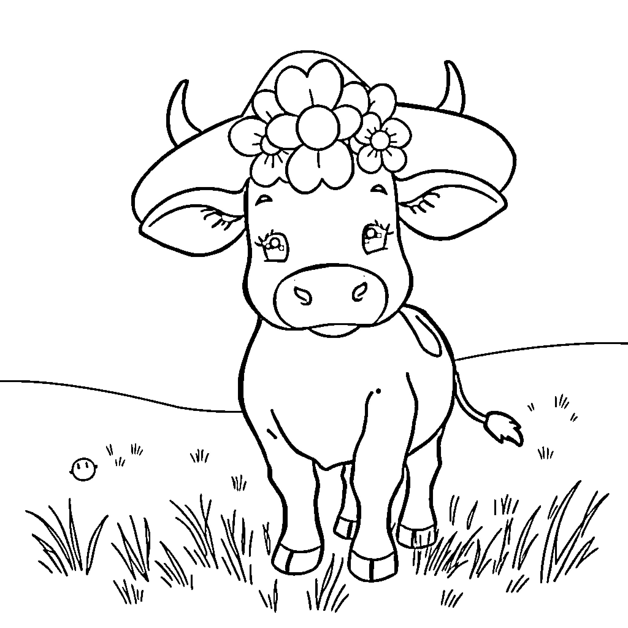 Cow with floral crown in pastoral scene Coloring Page (free black-and-white line drawing printable PDF for all, from beginners to advanced learners, including children, teens, adults, and seniors)