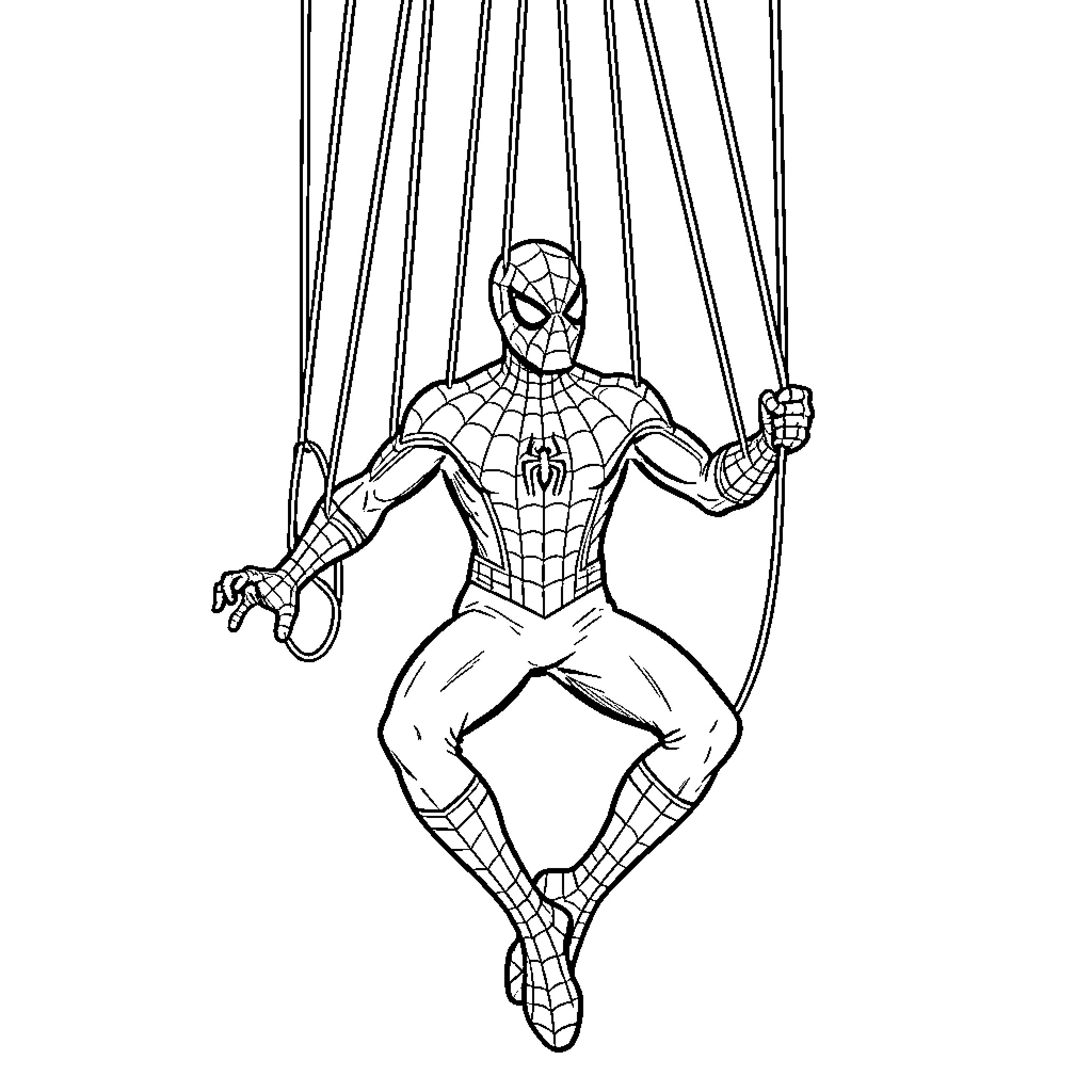 Spiderman acting as a puppet suspended by strings Coloring Page (free black-and-white line drawing printable PDF for all, from beginners to advanced learners, including children, teens, adults, and seniors)