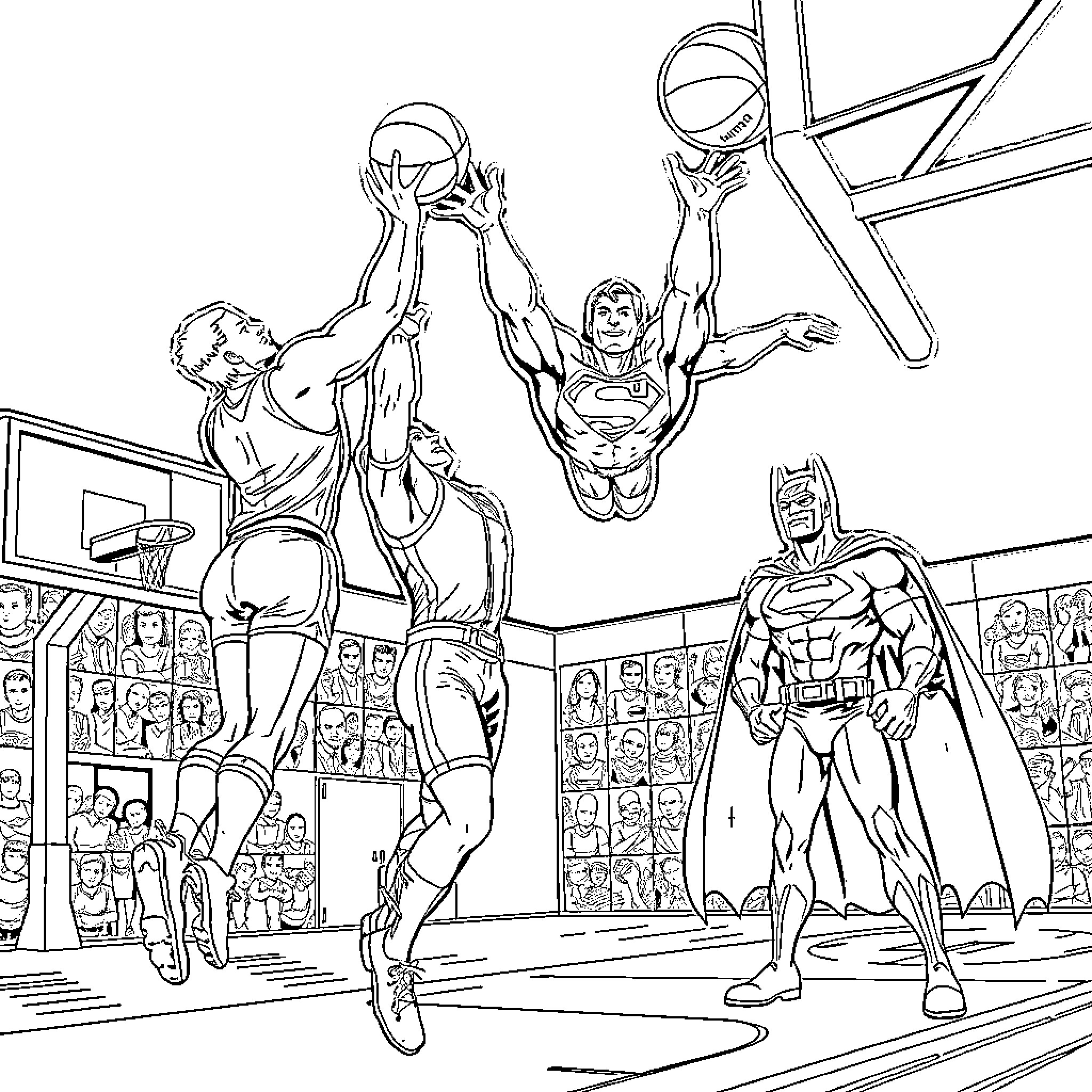 Martian Manhunter Witnesses Basketball Game in Arena Coloring Page (free black-and-white line drawing printable PDF for all, from beginners to advanced learners, including children, teens, adults, and seniors)