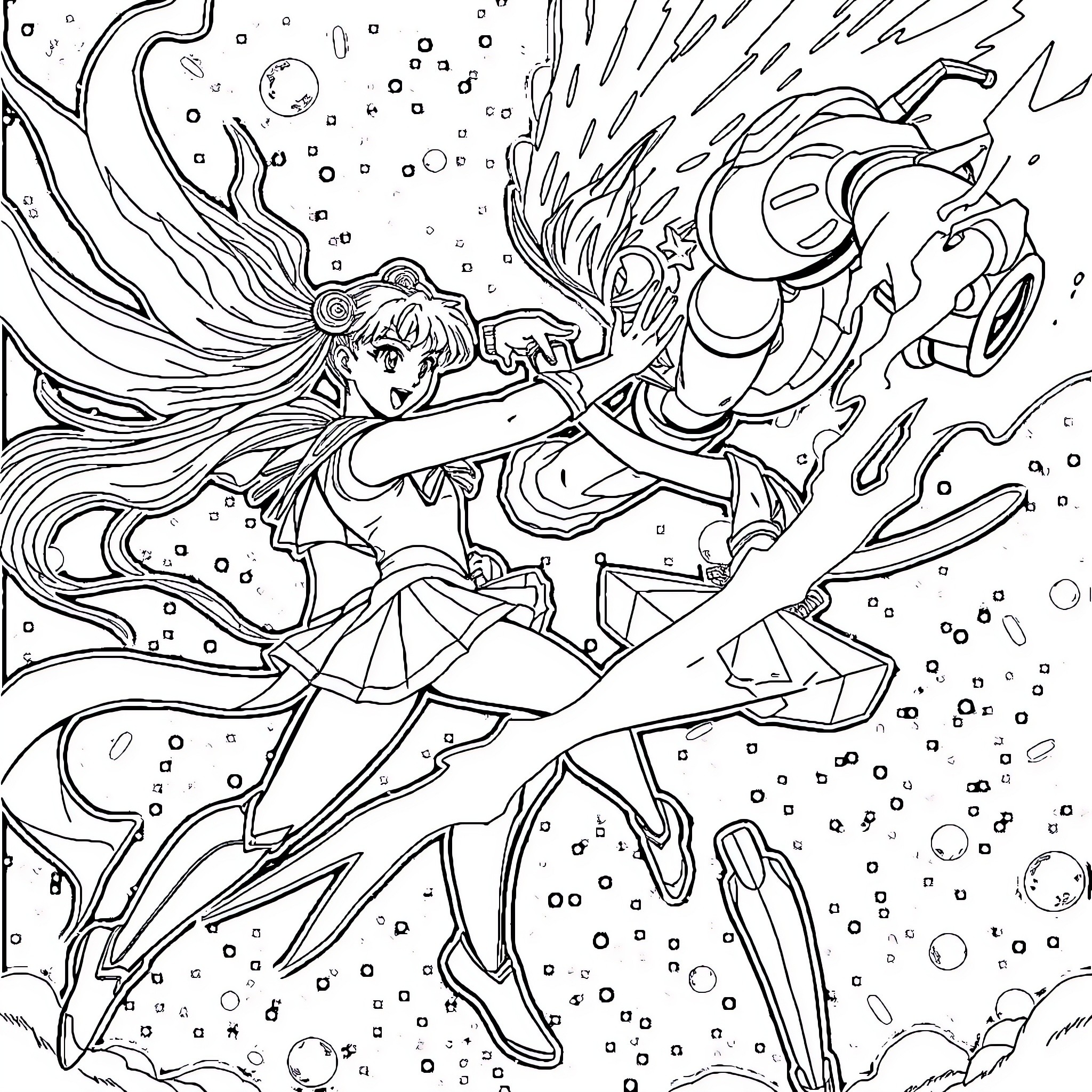 Sailor Moon fighting heroically in cosmic space Coloring Page (free black-and-white line drawing printable PDF for all, from beginners to advanced learners, including children, teens, adults, and seniors)