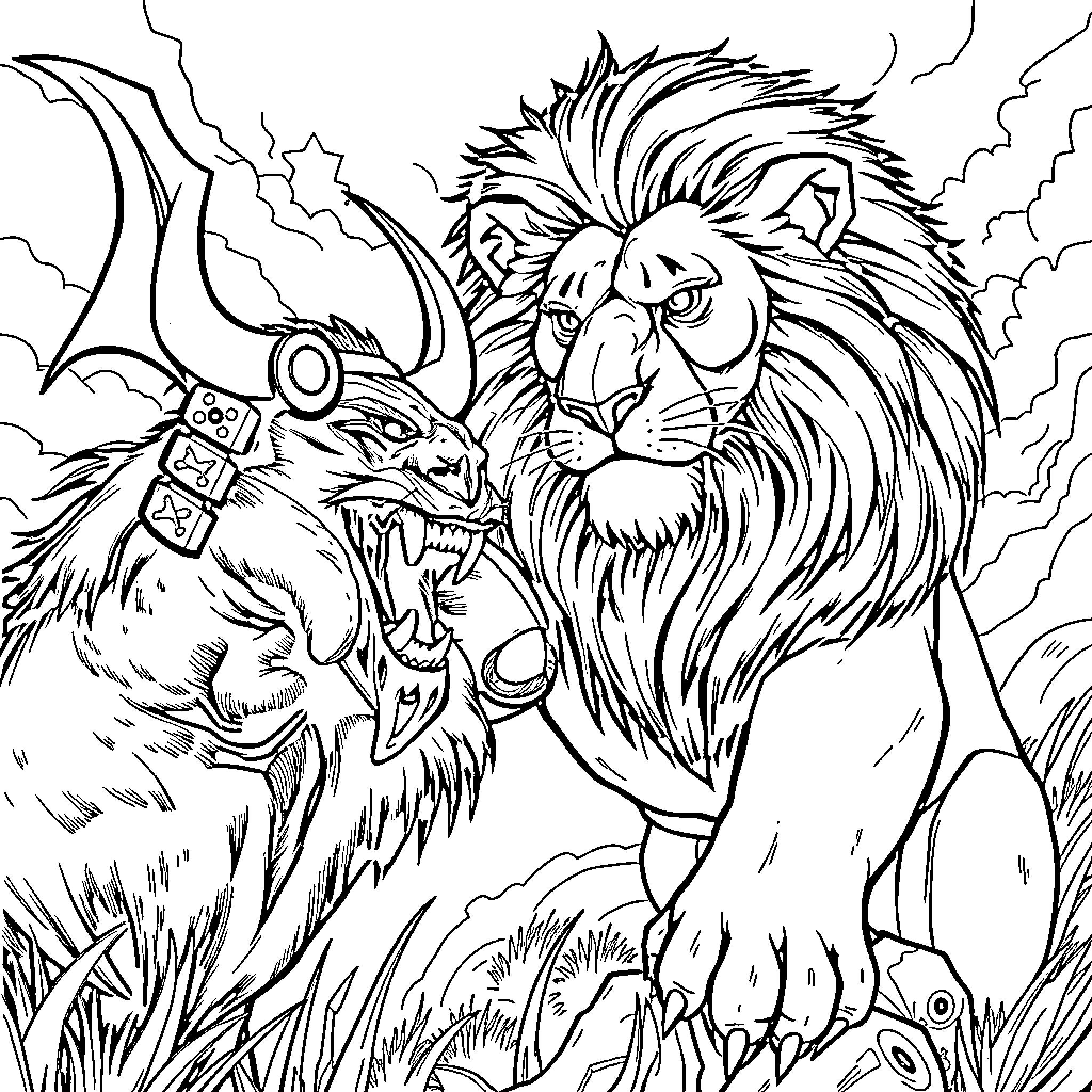 Aslan, the Mighty Lion, Confronts the Fearsome Beast Coloring Page (free black-and-white line drawing printable PDF for all, from beginners to advanced learners, including children, teens, adults, and seniors)