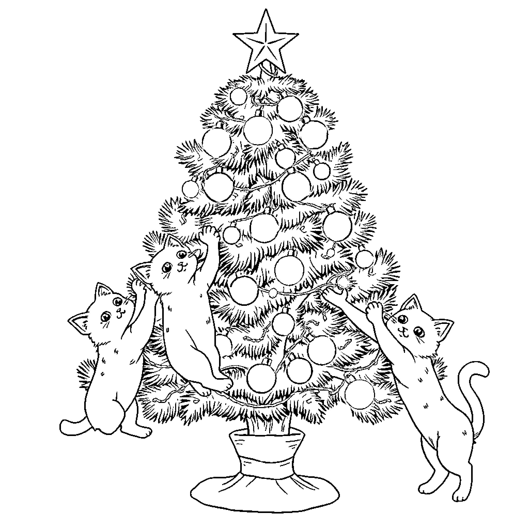 Christmas Tree with Playful Cats Coloring Page (free black-and-white line drawing printable PDF for all, from beginners to advanced learners, including children, teens, adults, and seniors)