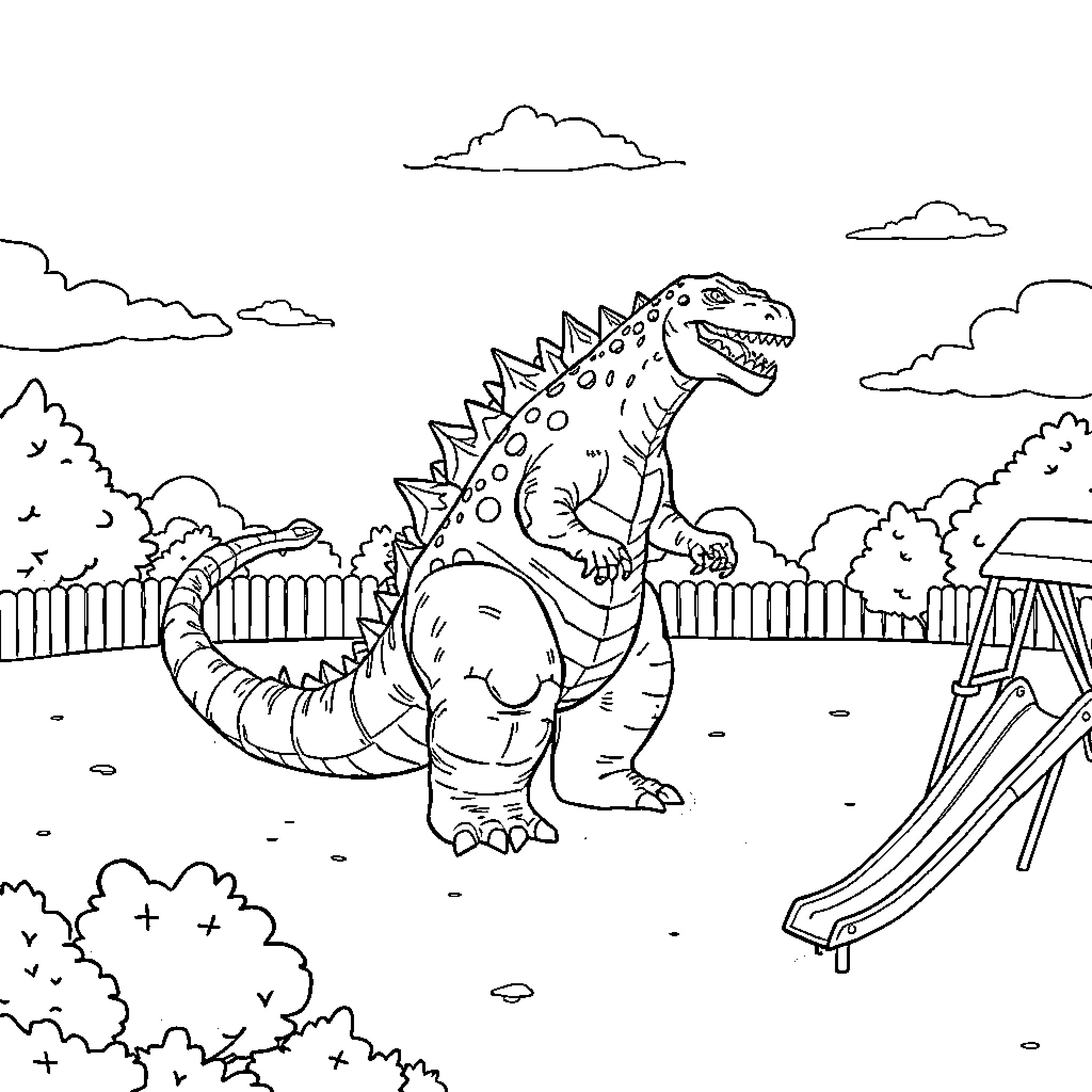 Godzilla stomping through a neighborhood Coloring Page (free black-and-white line drawing printable PDF for all, from beginners to advanced learners, including children, teens, adults, and seniors)