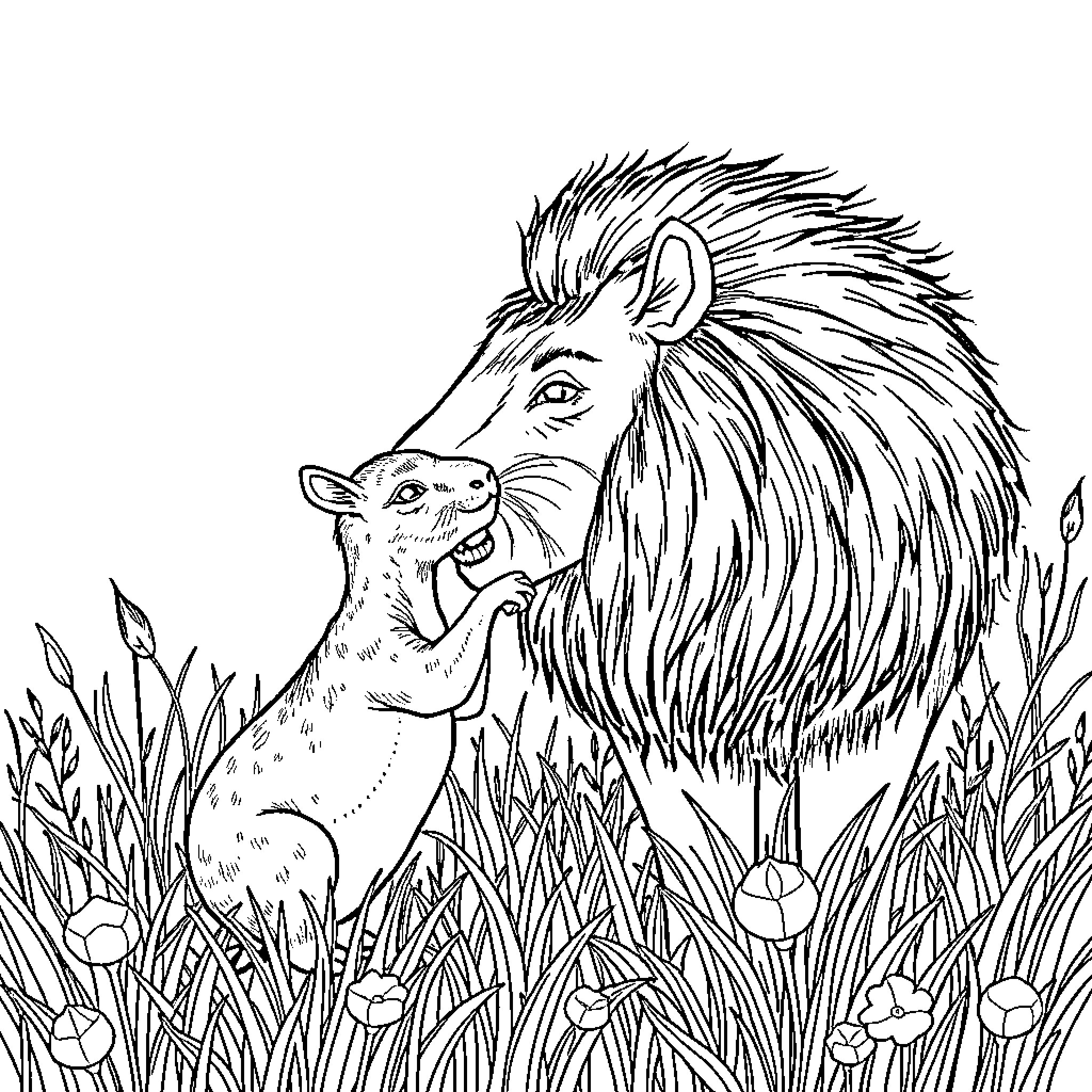Capybara interacting playfully with a small animal in the grass Coloring Page (free black-and-white line drawing printable PDF for all, from beginners to advanced learners, including children, teens, adults, and seniors)