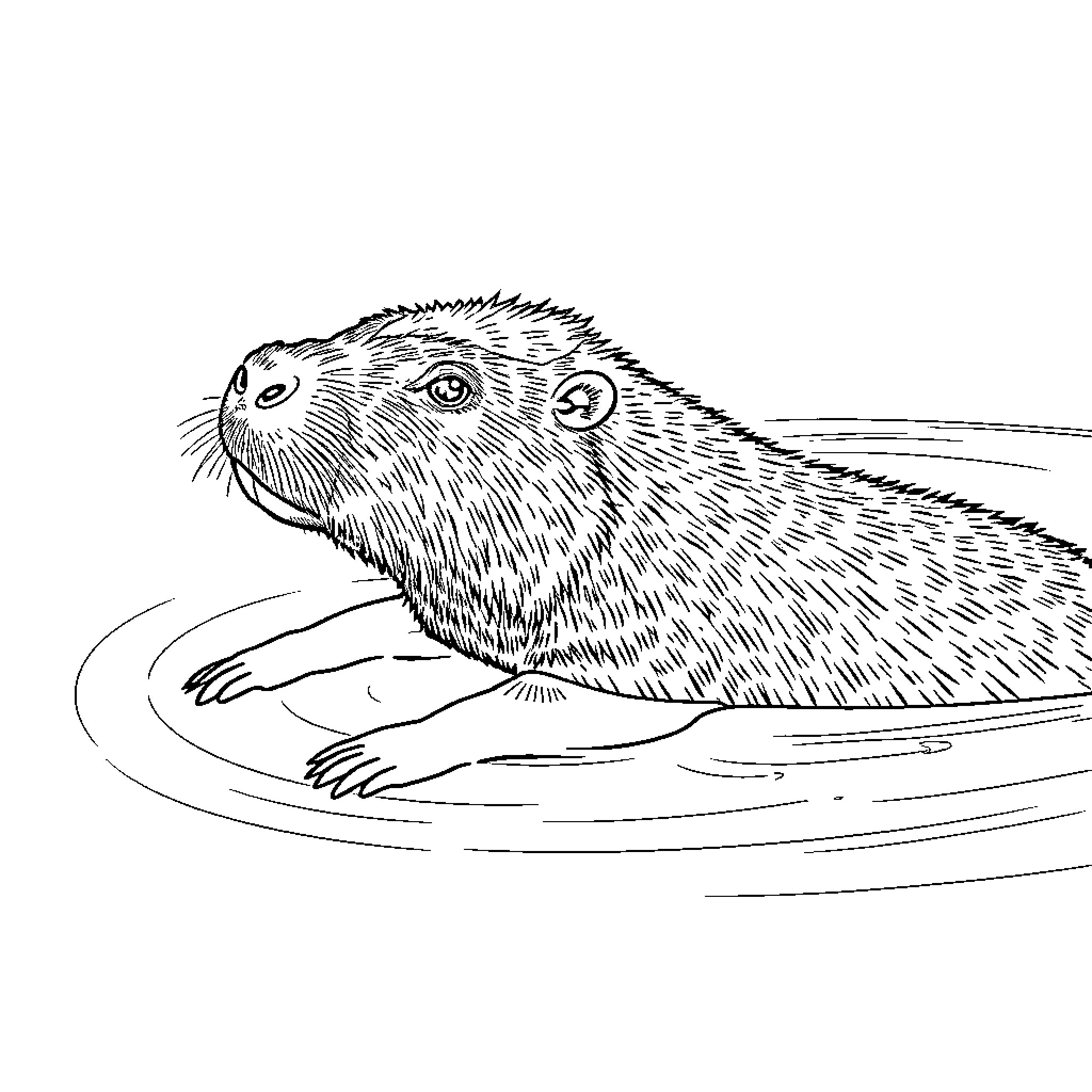 Capybara relaxing in the water Coloring Page (free black-and-white line drawing printable PDF for all, from beginners to advanced learners, including children, teens, adults, and seniors)