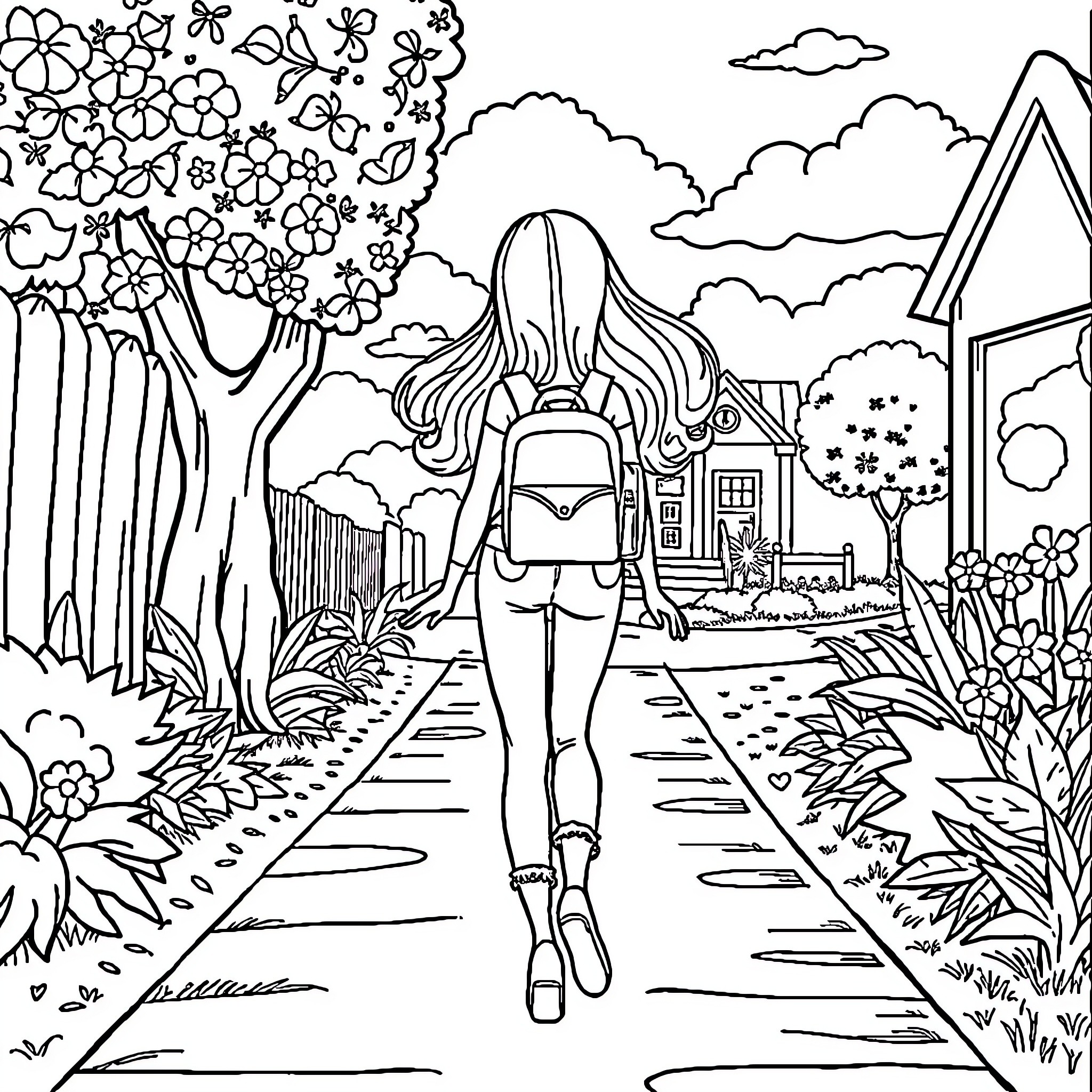 Barbie Walking Through Whimsical Floral Landscape Coloring Page (free black-and-white line drawing printable PDF for all, from beginners to advanced learners, including children, teens, adults, and seniors)