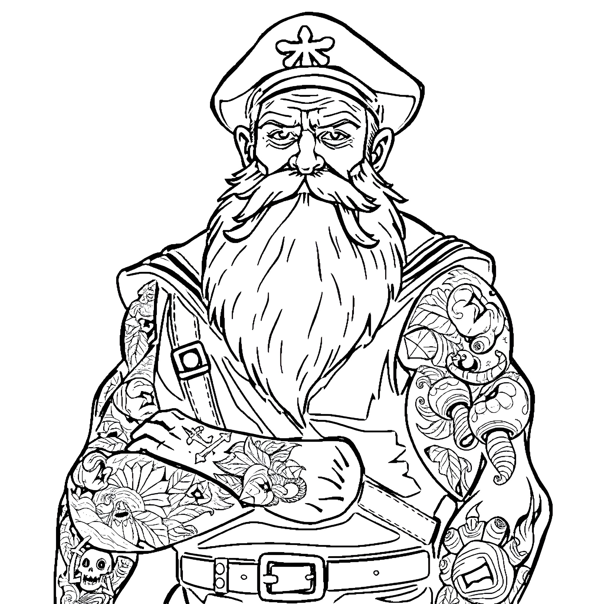 Sailor with Intricate Tattoos and Stern Expression Coloring Page (free black-and-white line drawing printable PDF for all, from beginners to advanced learners, including children, teens, adults, and seniors)