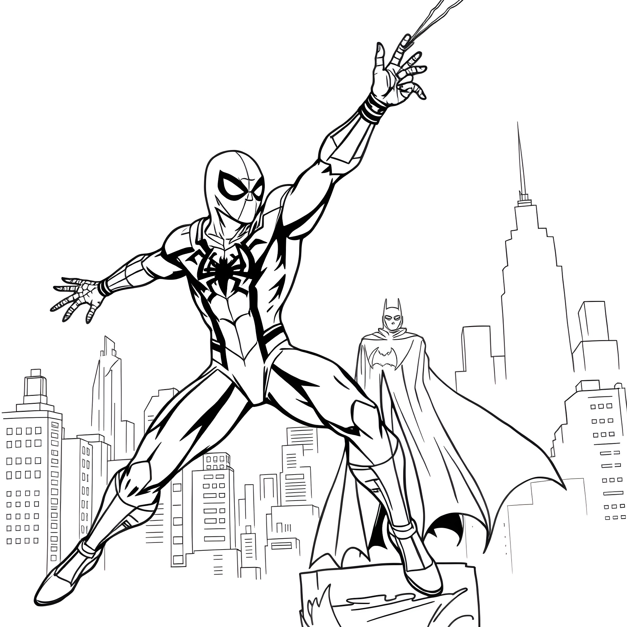 Spiderman swinging through the city with Batman watching Coloring Page (free black-and-white line drawing printable PDF for all, from beginners to advanced learners, including children, teens, adults, and seniors)