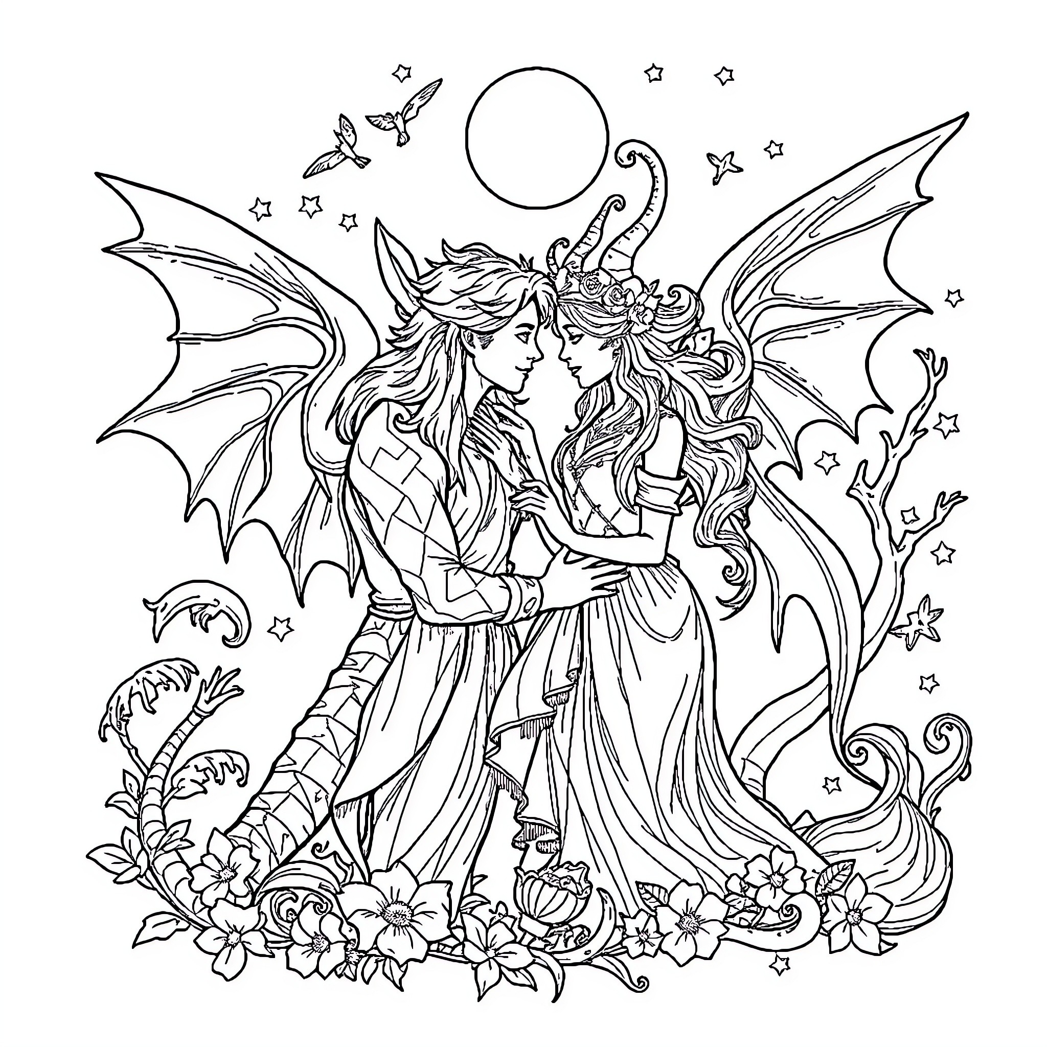Book of Fairy Princesses in Enchanted Garden Coloring Page (free black-and-white line drawing printable PDF for all, from beginners to advanced learners, including children, teens, adults, and seniors)