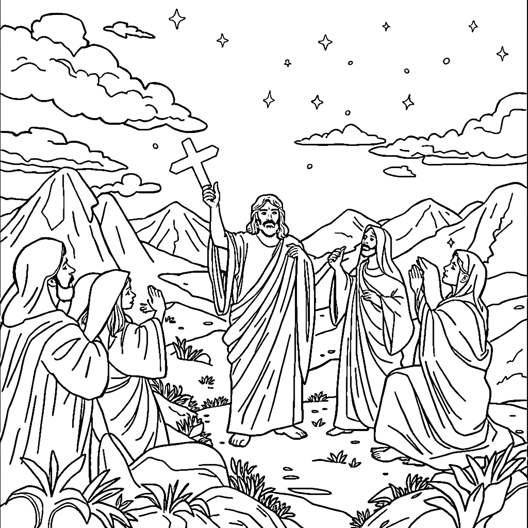 Miracle of the Transfiguration in the Mountains Coloring Page (free black-and-white line drawing printable PDF for all, from beginners to advanced learners, including children, teens, adults, and seniors)