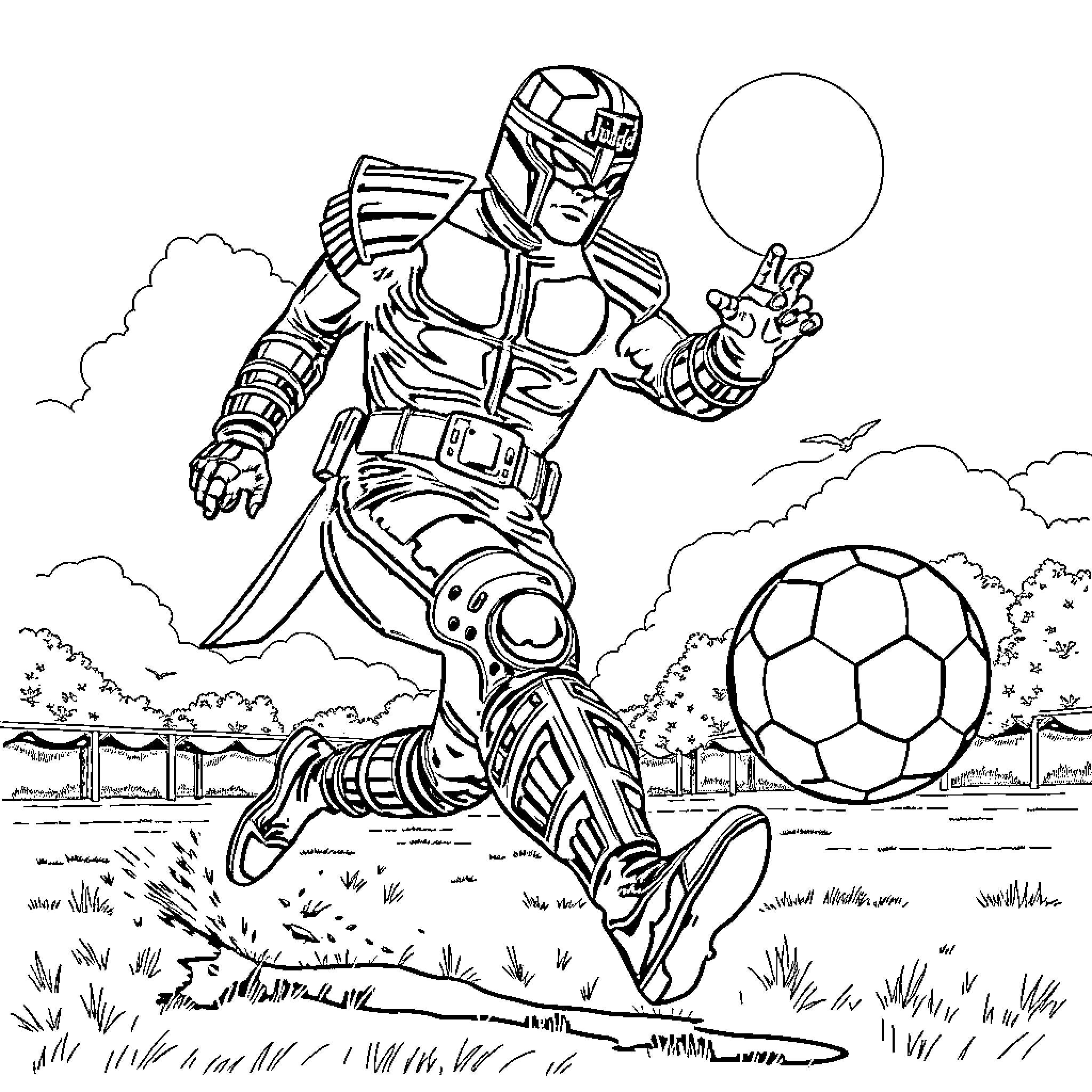 Judge Dredd kicking a giant soccer ball Coloring Page (free black-and-white line drawing printable PDF for all, from beginners to advanced learners, including children, teens, adults, and seniors)