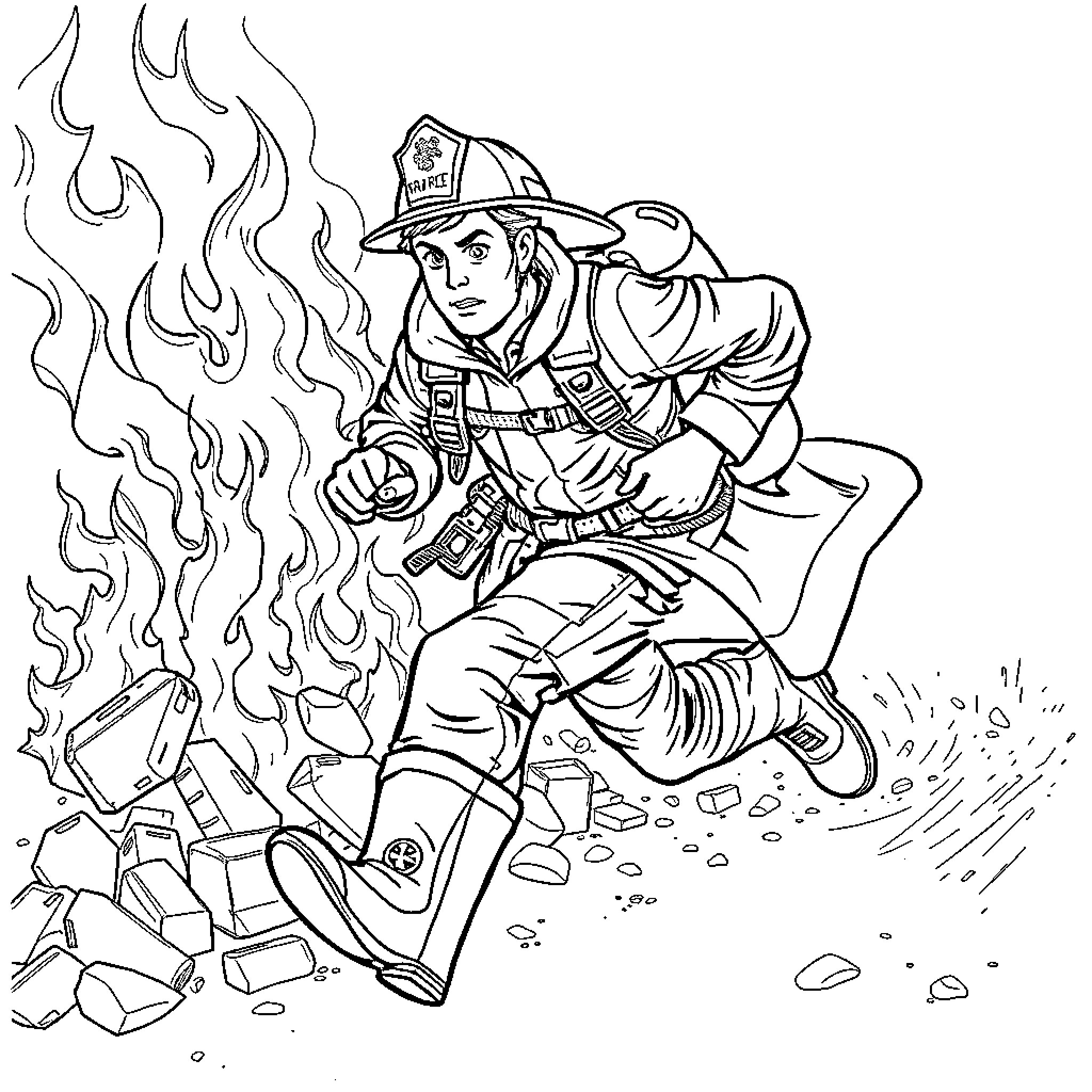 Firefighter bravely battling a blaze Coloring Page (free black-and-white line drawing printable PDF for all, from beginners to advanced learners, including children, teens, adults, and seniors)