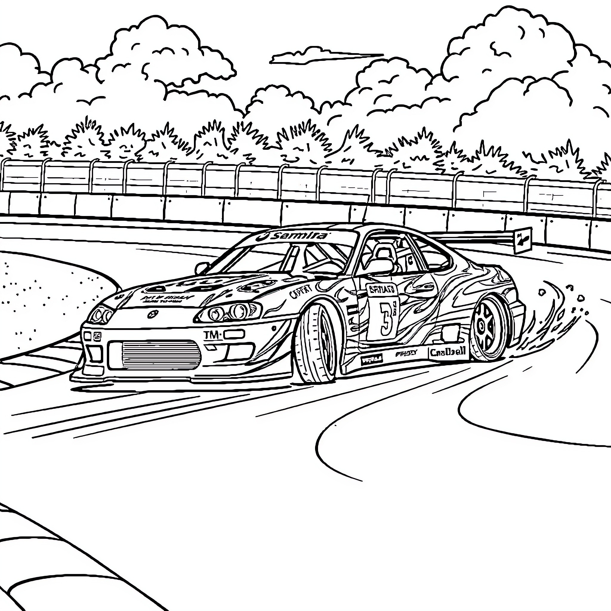 Driftcar on a racing track with spectator stands Coloring Page (free black-and-white line drawing printable PDF for all, from beginners to advanced learners, including children, teens, adults, and seniors)