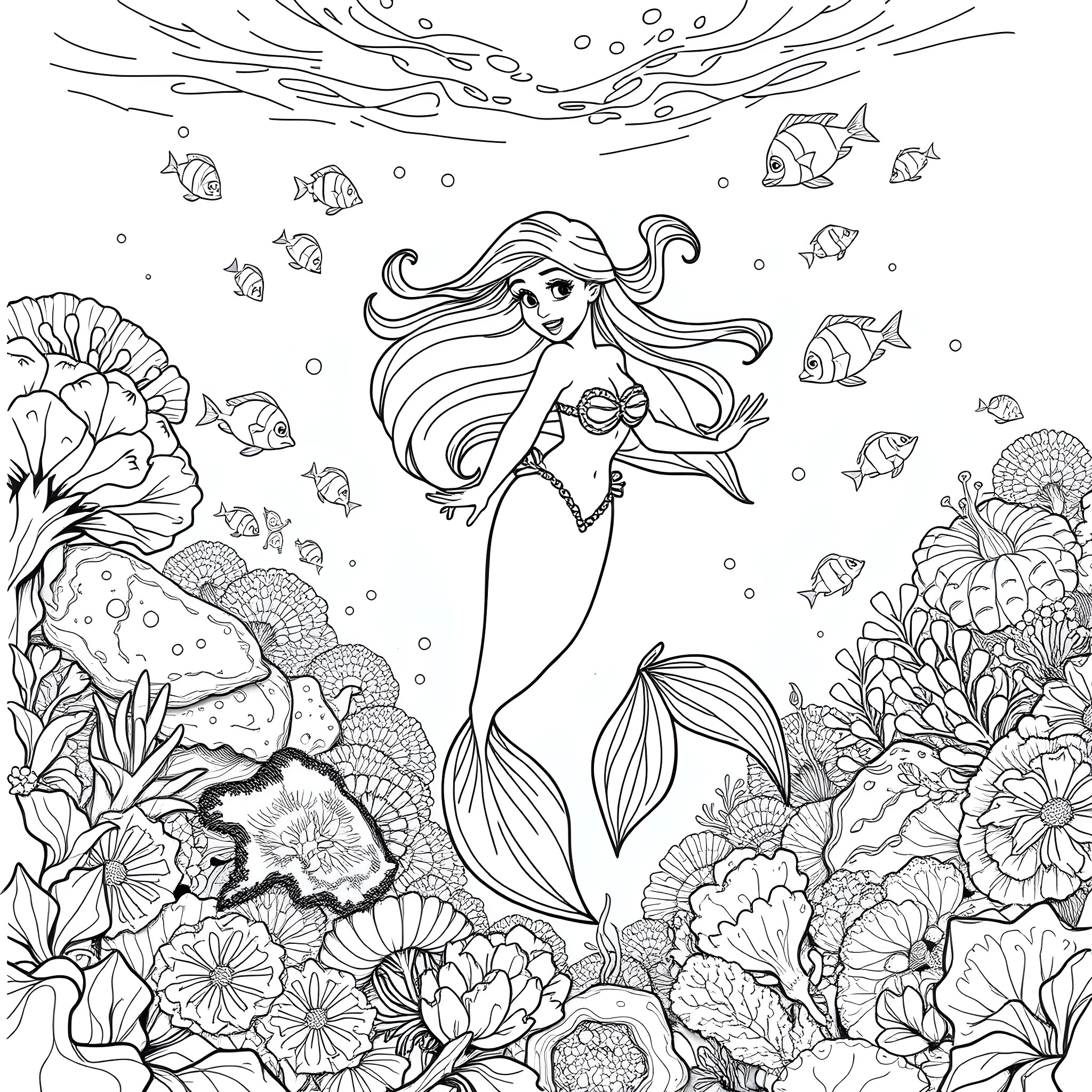 Ariel Mermaid Exploring the Underwater Coral Reef Coloring Page (free black-and-white line drawing printable PDF for all, from beginners to advanced learners, including children, teens, adults, and seniors)