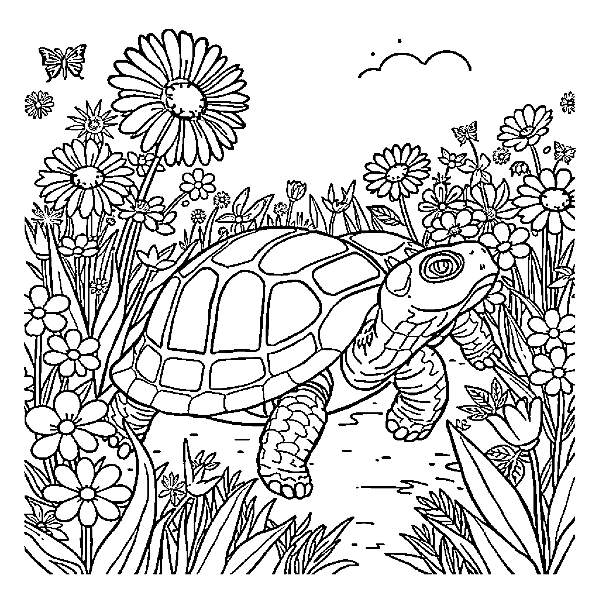 Turtle exploring a floral garden Coloring Page (free black-and-white line drawing printable PDF for all, from beginners to advanced learners, including children, teens, adults, and seniors)