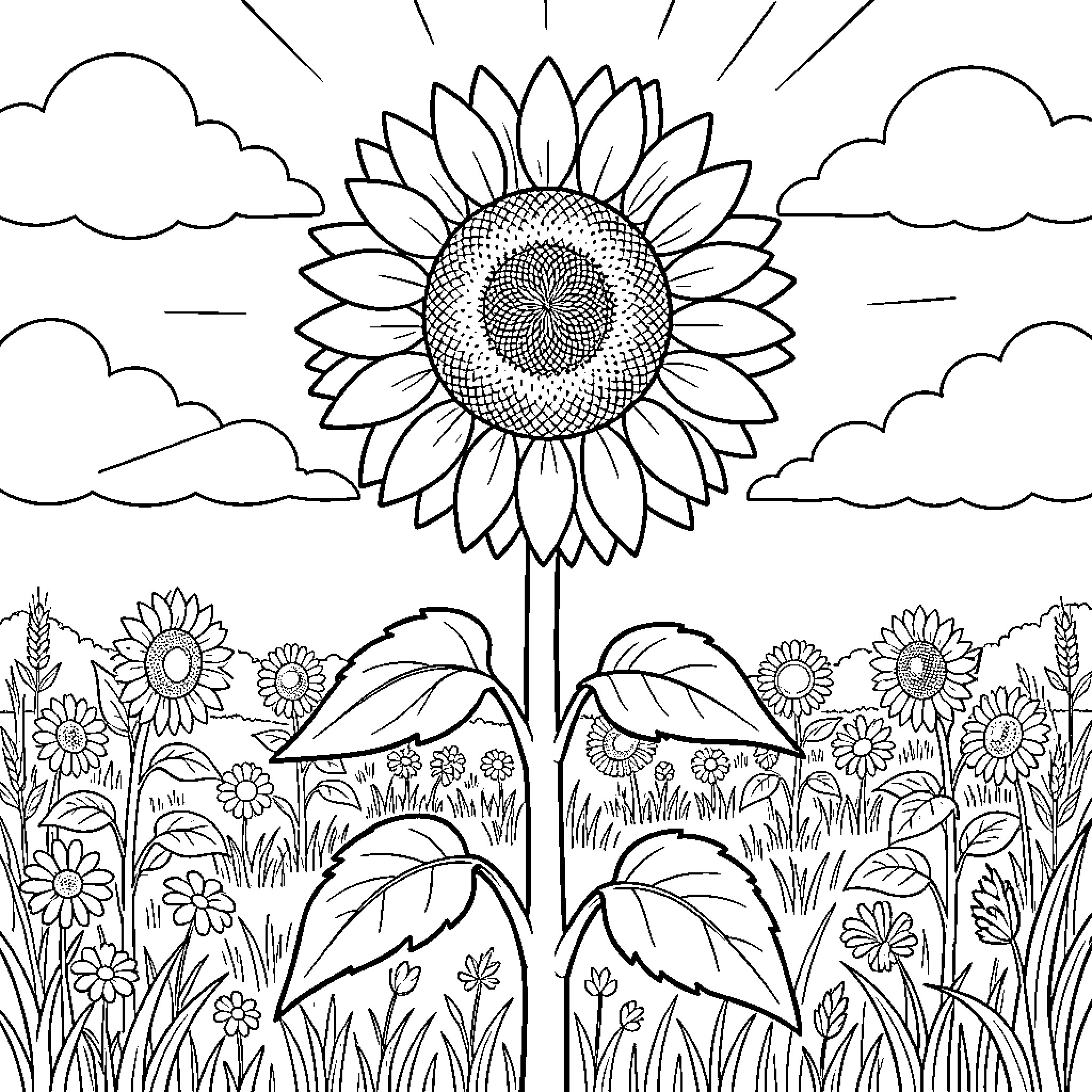 Sunflower Garden in Bloom Coloring Page (free black-and-white line drawing printable PDF for all, from beginners to advanced learners, including children, teens, adults, and seniors)