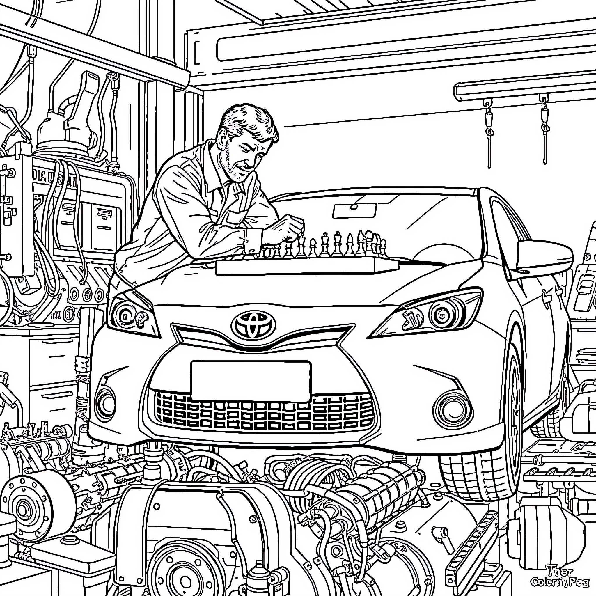 Mechanic examining and repairing car in workshop Coloring Page (free black-and-white line drawing printable PDF for all, from beginners to advanced learners, including children, teens, adults, and seniors)
