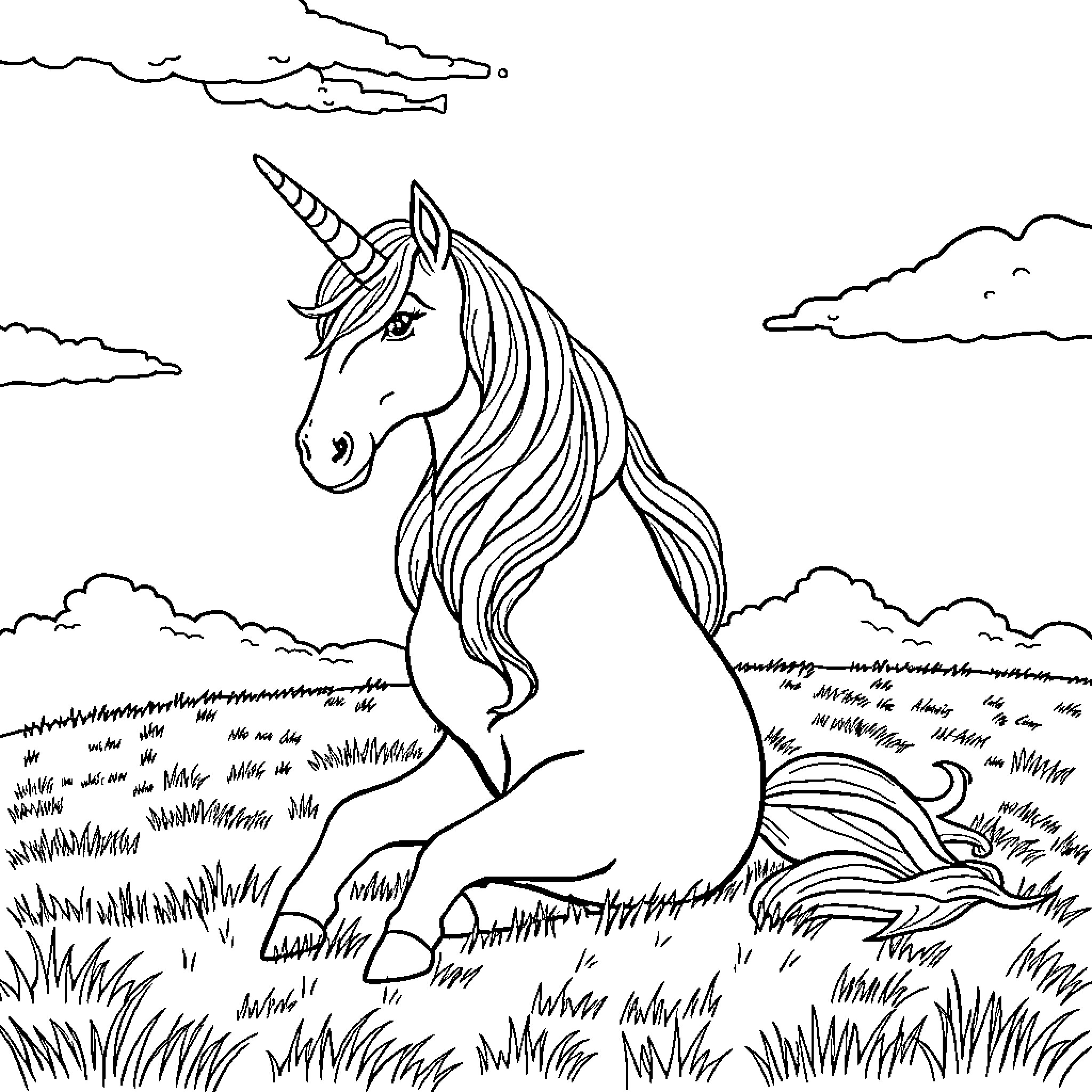 Unicorn galloping through a magical meadow Coloring Page (free black-and-white line drawing printable PDF for all, from beginners to advanced learners, including children, teens, adults, and seniors)