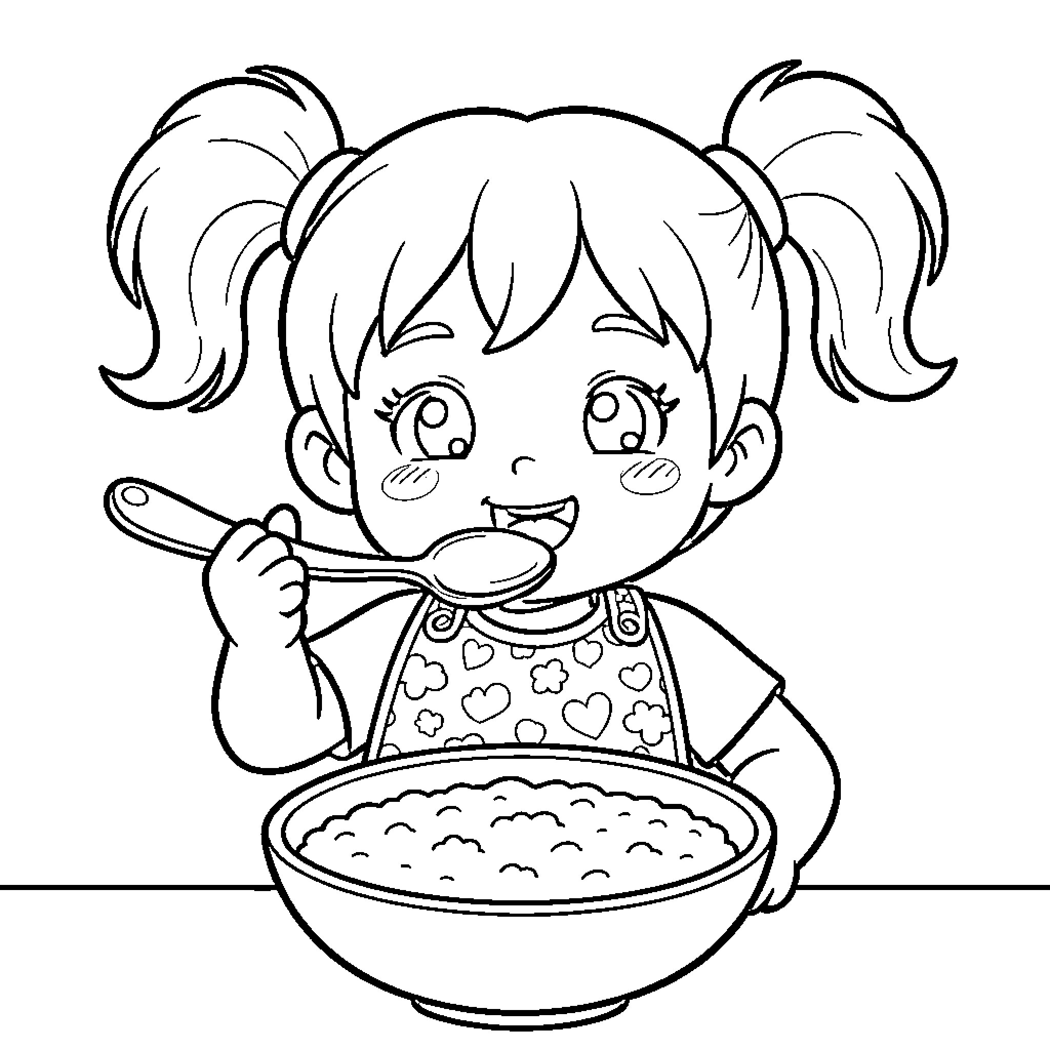 Girl enjoying a meal with joy Coloring Page (free black-and-white line drawing printable PDF for all, from beginners to advanced learners, including children, teens, adults, and seniors)