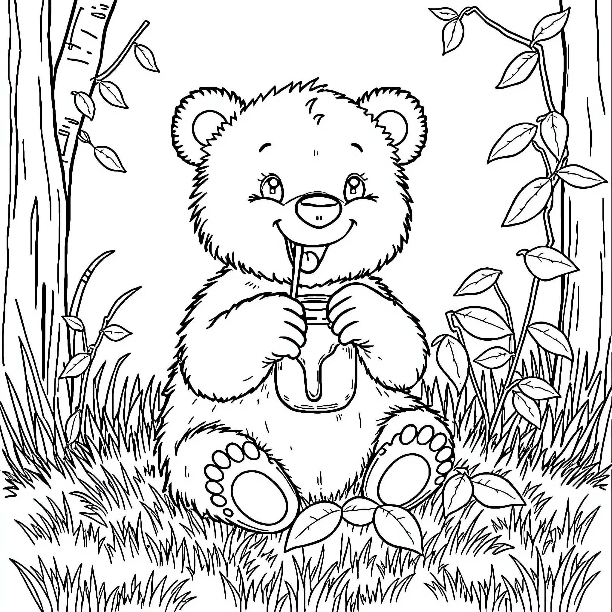 Bear enjoying a picnic in the forest Coloring Page (free black-and-white line drawing printable PDF for all, from beginners to advanced learners, including children, teens, adults, and seniors)