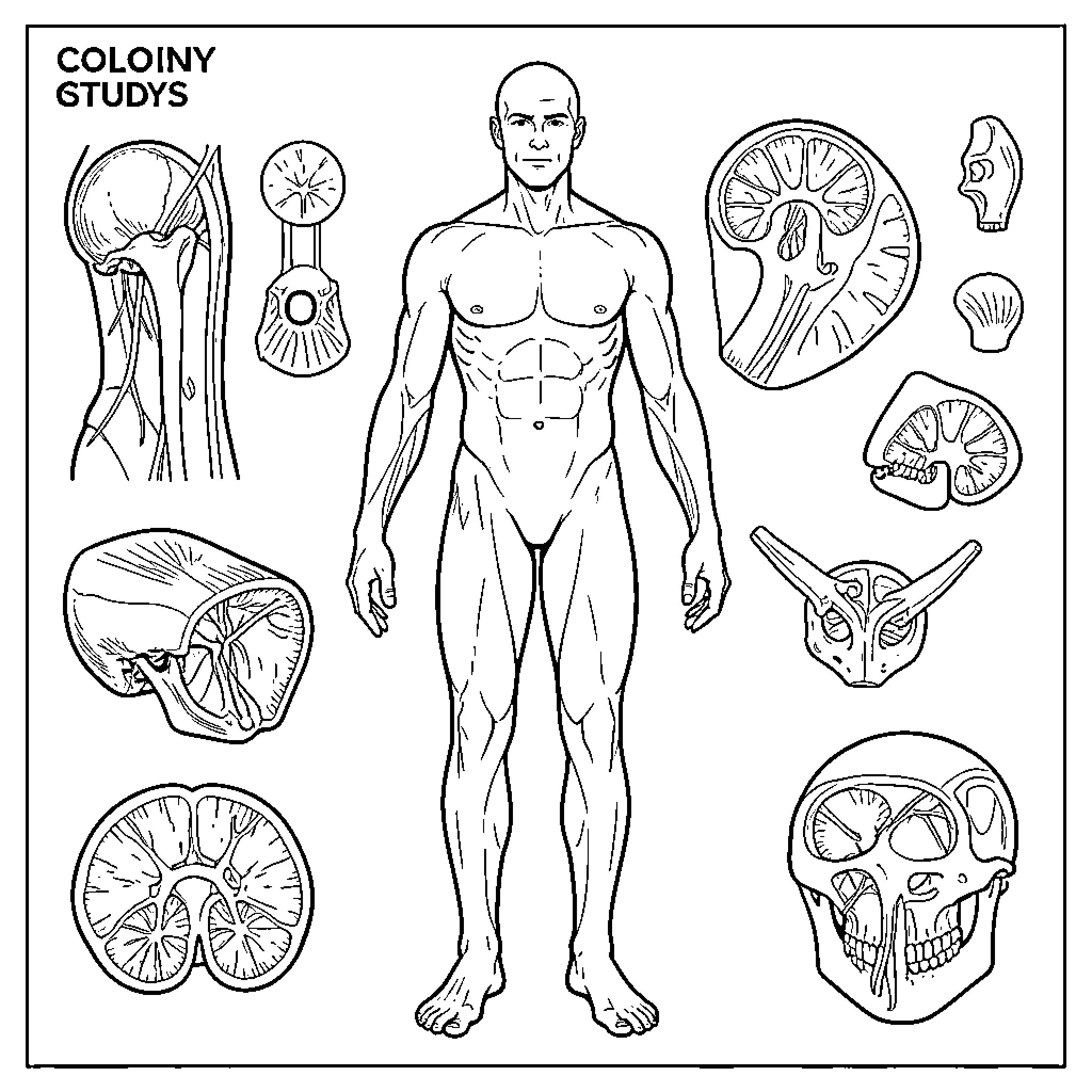 Anatomy study of various human internal organs and body parts Coloring Page (free black-and-white line drawing printable PDF for all, from beginners to advanced learners, including children, teens, adults, and seniors)