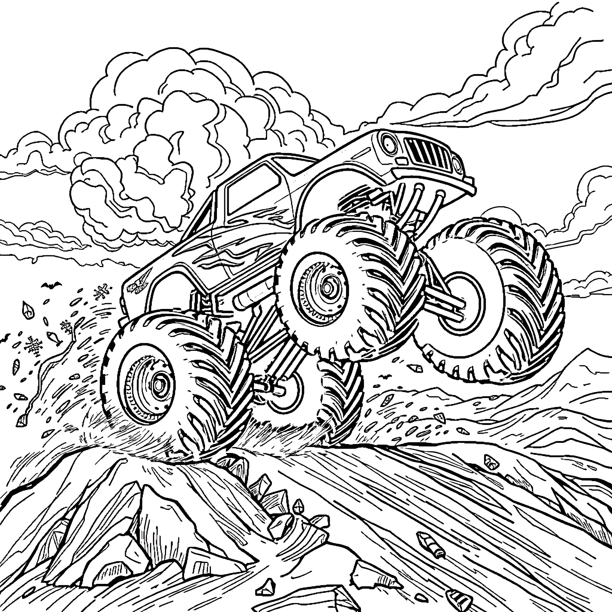 Monster Truck Jumping Over Rugged Terrain Coloring Page (free black-and-white line drawing printable PDF for all, from beginners to advanced learners, including children, teens, adults, and seniors)