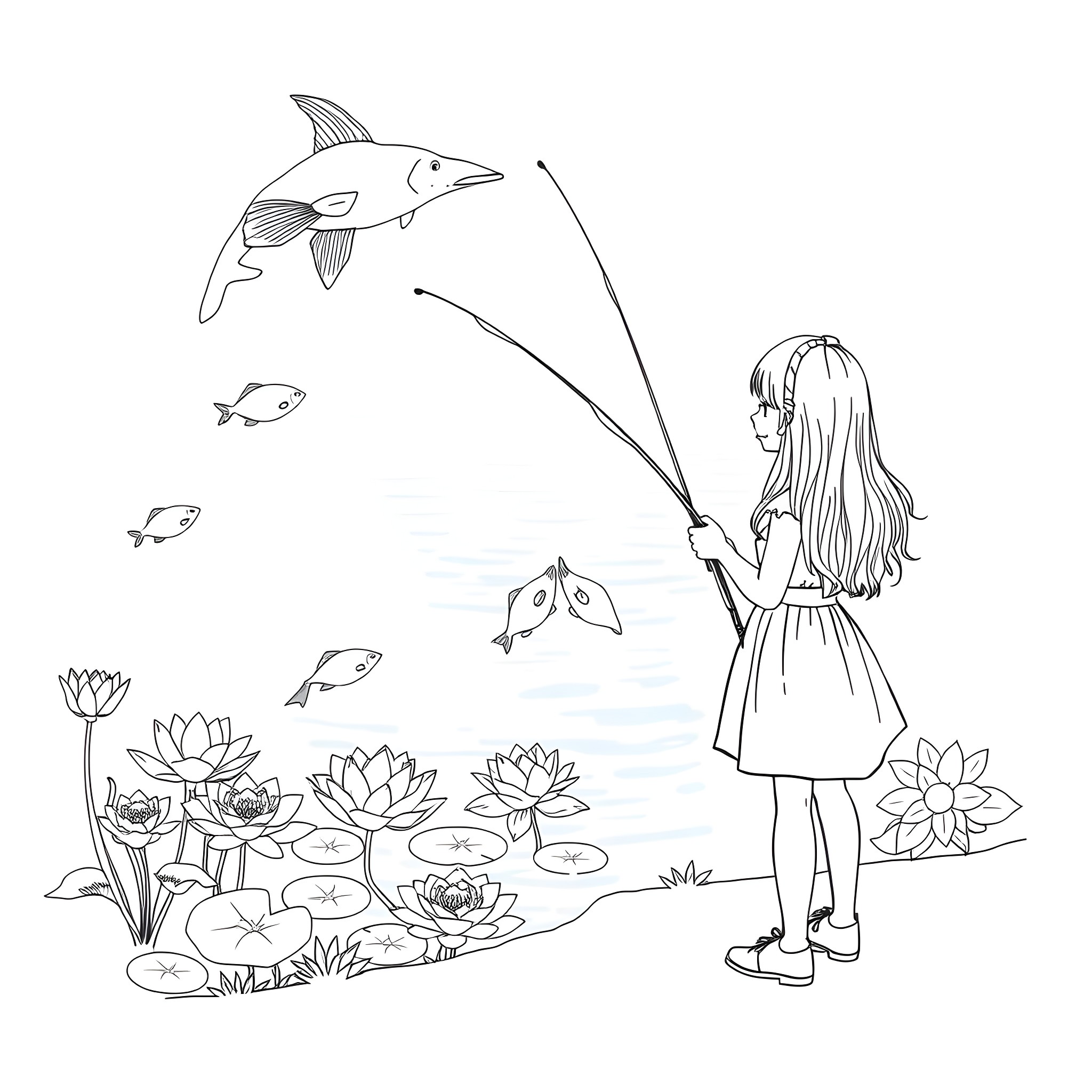 Girl fishing in a tranquil pond with lotus flowers Coloring Page (free black-and-white line drawing printable PDF for all, from beginners to advanced learners, including children, teens, adults, and seniors)
