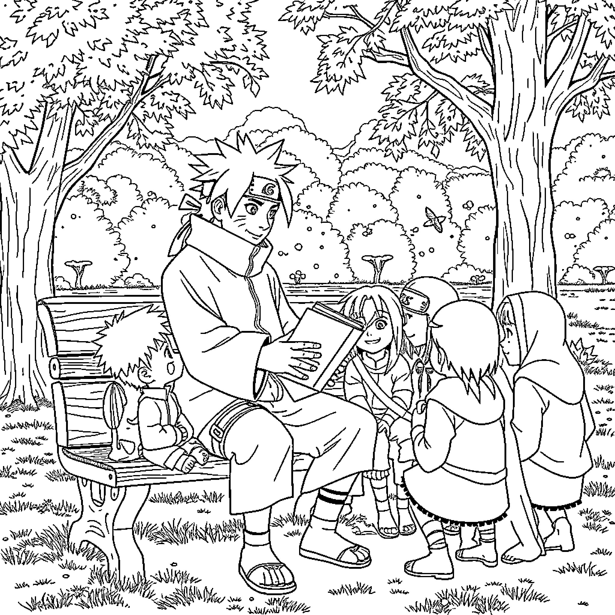 Naruto reading to a group of children in the forest Coloring Page (free black-and-white line drawing printable PDF for all, from beginners to advanced learners, including children, teens, adults, and seniors)