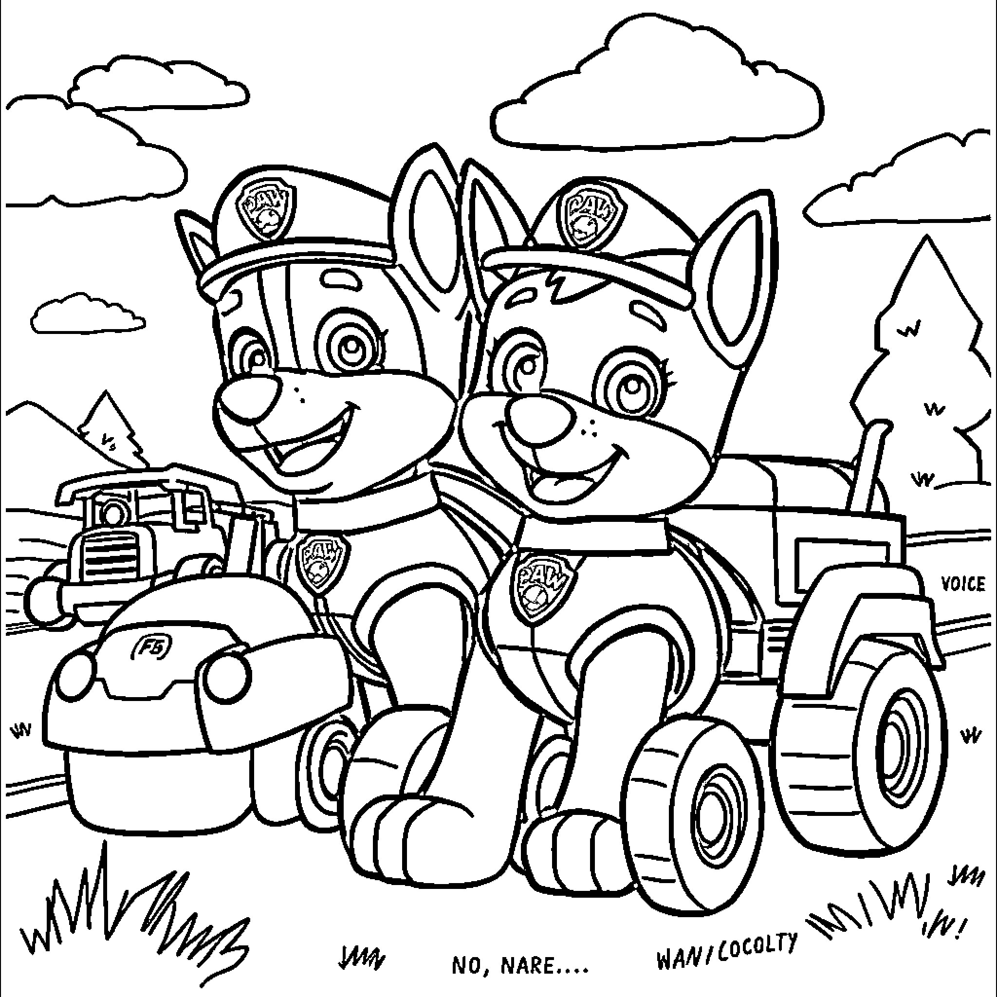 Paw Patrol pups enjoying outdoor adventure Coloring Page (free black-and-white line drawing printable PDF for all, from beginners to advanced learners, including children, teens, adults, and seniors)