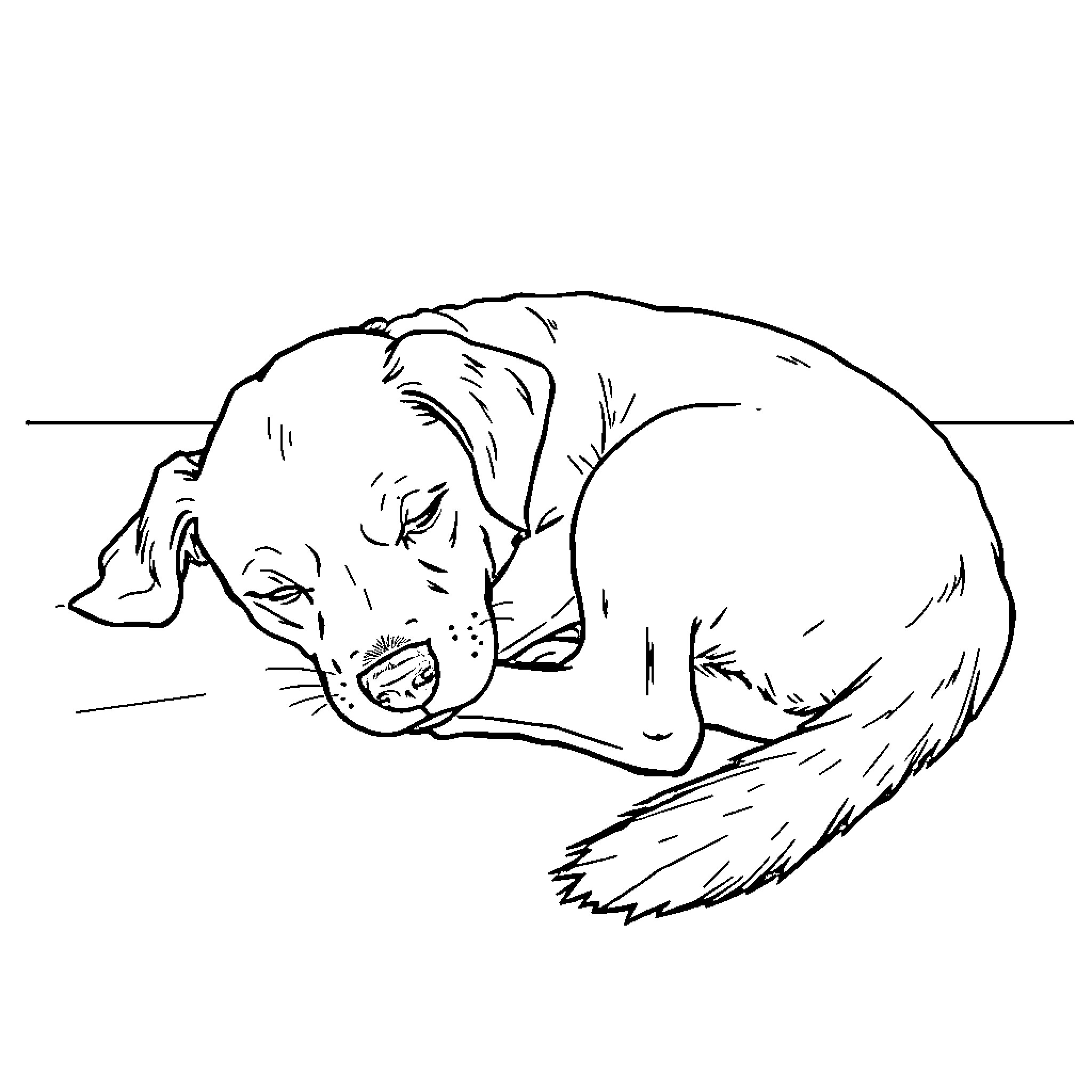 Dog resting peacefully on the ground Coloring Page (free black-and-white line drawing printable PDF for all, from beginners to advanced learners, including children, teens, adults, and seniors)