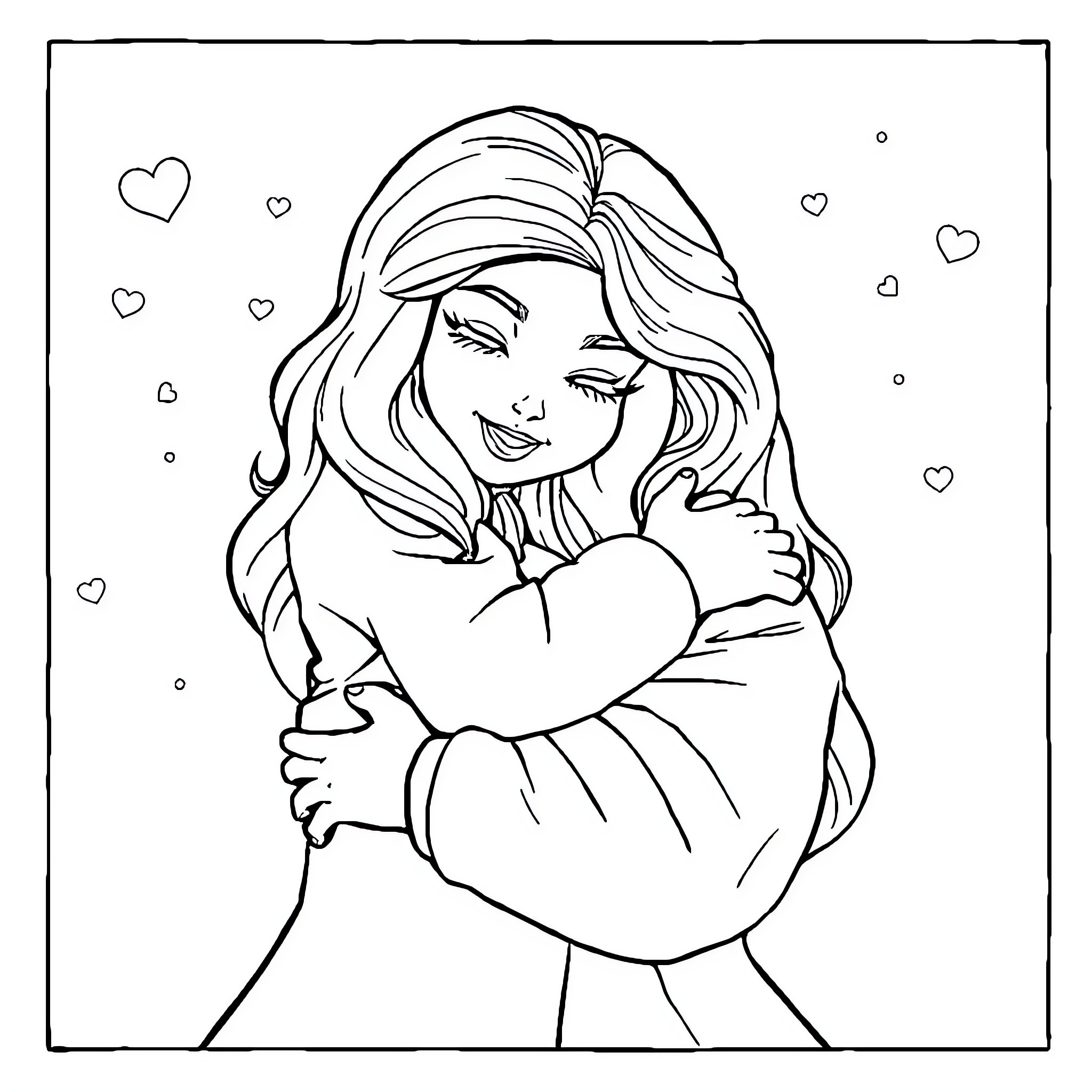 Candy hug and hearts Coloring Page (free black-and-white line drawing printable PDF for all, from beginners to advanced learners, including children, teens, adults, and seniors)