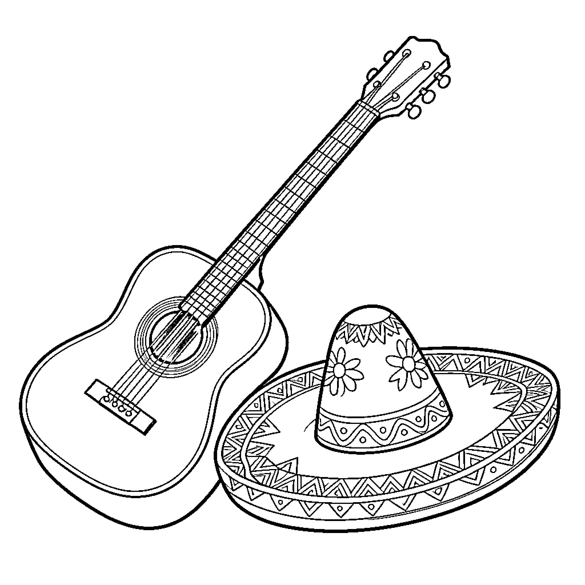 Guitar with ornate sombrero Coloring Page (free black-and-white line drawing printable PDF for all, from beginners to advanced learners, including children, teens, adults, and seniors)