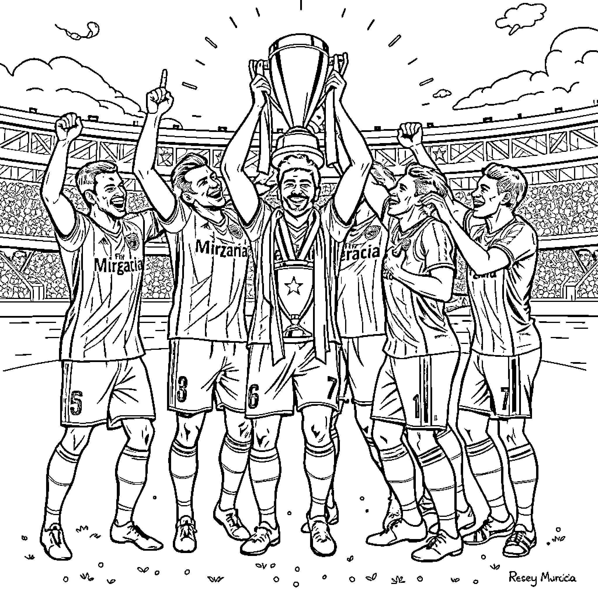 Real Murcia: Triumphant Soccer Team Celebrates Trophy Coloring Page (free black-and-white line drawing printable PDF for all, from beginners to advanced learners, including children, teens, adults, and seniors)