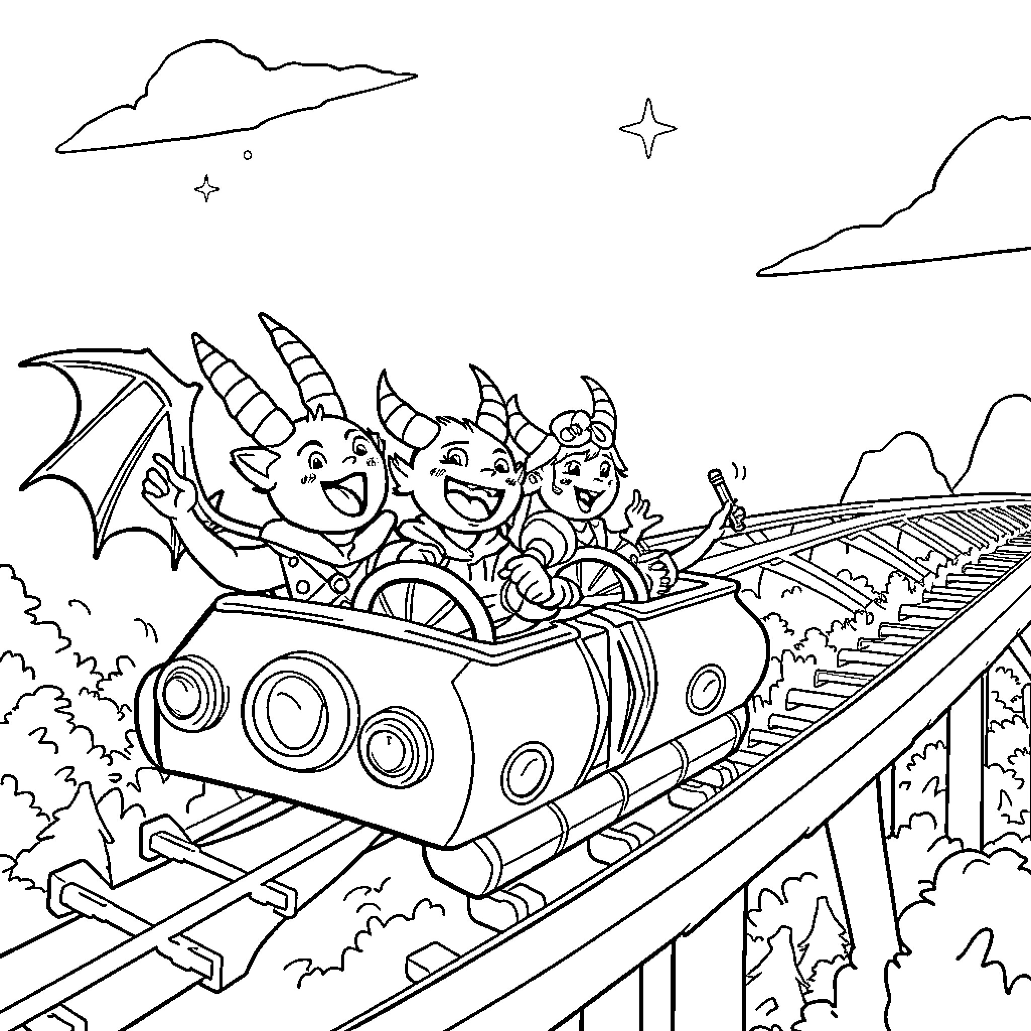 Daemon friends riding a fantastical vehicle through a whimsical landscape Coloring Page (free black-and-white line drawing printable PDF for all, from beginners to advanced learners, including children, teens, adults, and seniors)