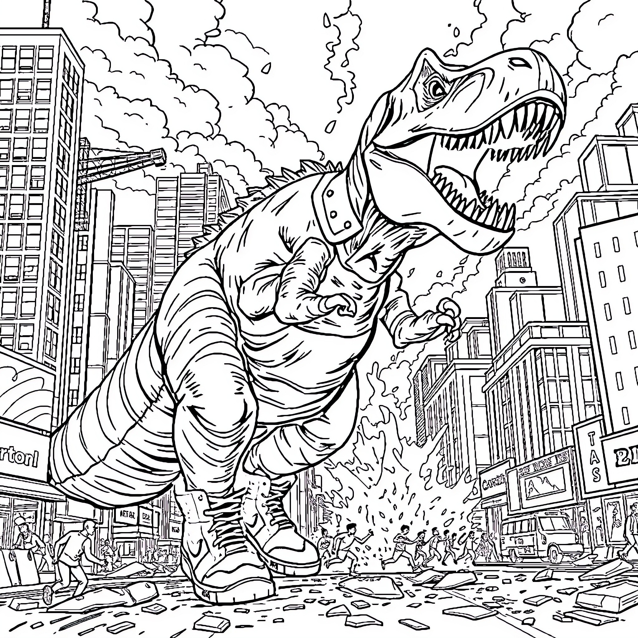 T-Rex Rampaging Through the City Coloring Page (free black-and-white line drawing printable PDF for all, from beginners to advanced learners, including children, teens, adults, and seniors)