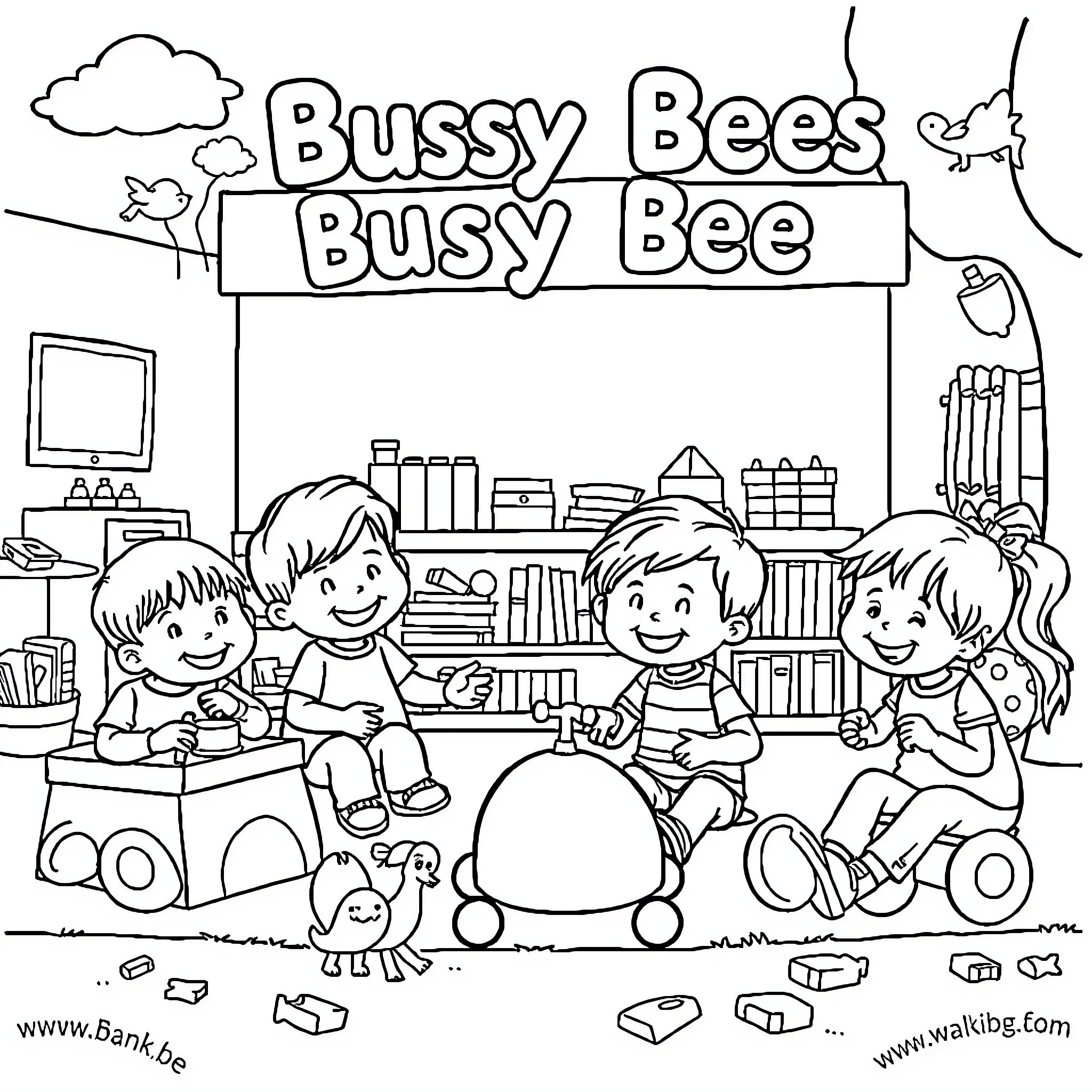 Bee children playing at the Busy Bees shop Coloring Page (free black-and-white line drawing printable PDF for all, from beginners to advanced learners, including children, teens, adults, and seniors)