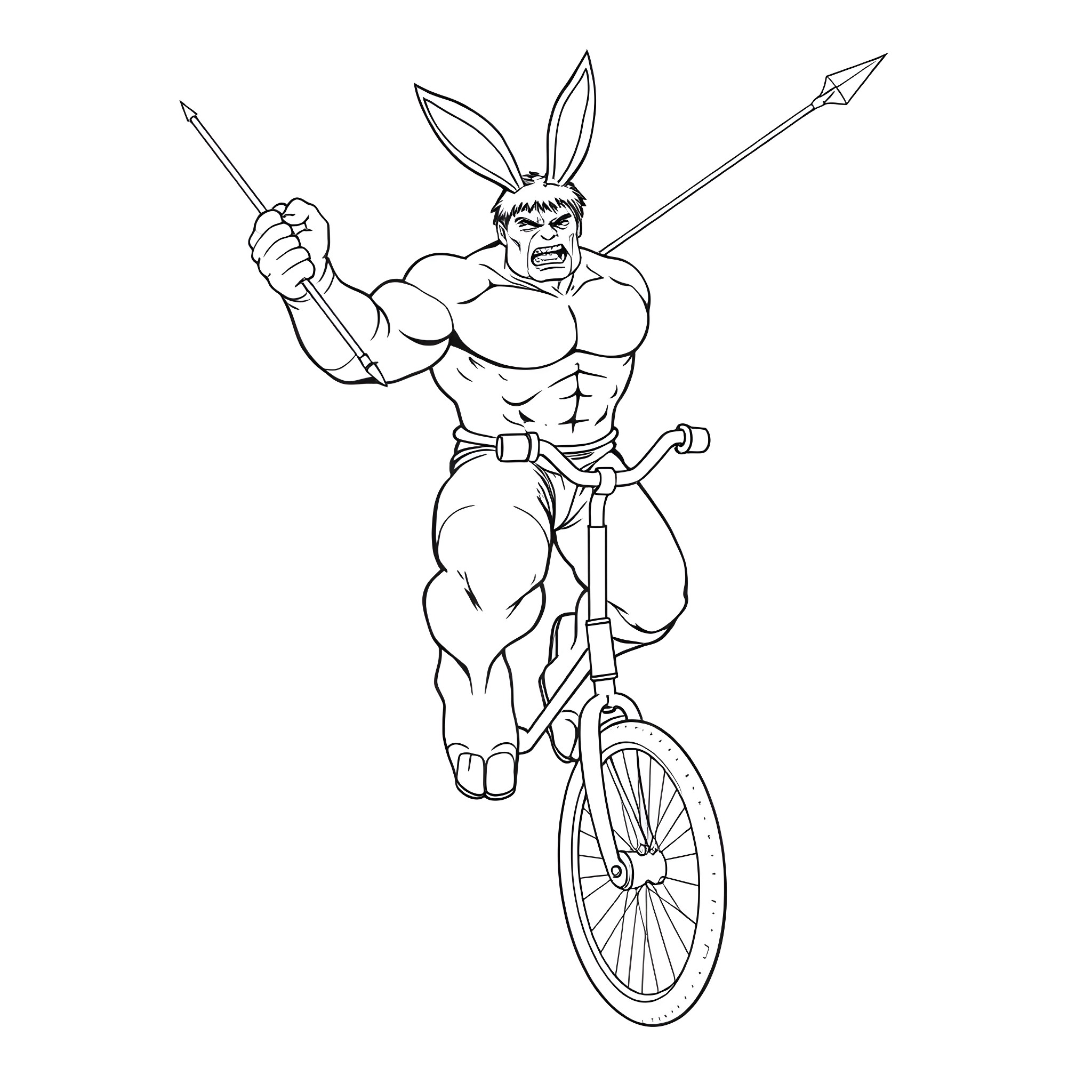 Hulk wielding weapons while riding a unicycle Coloring Page (free black-and-white line drawing printable PDF for all, from beginners to advanced learners, including children, teens, adults, and seniors)