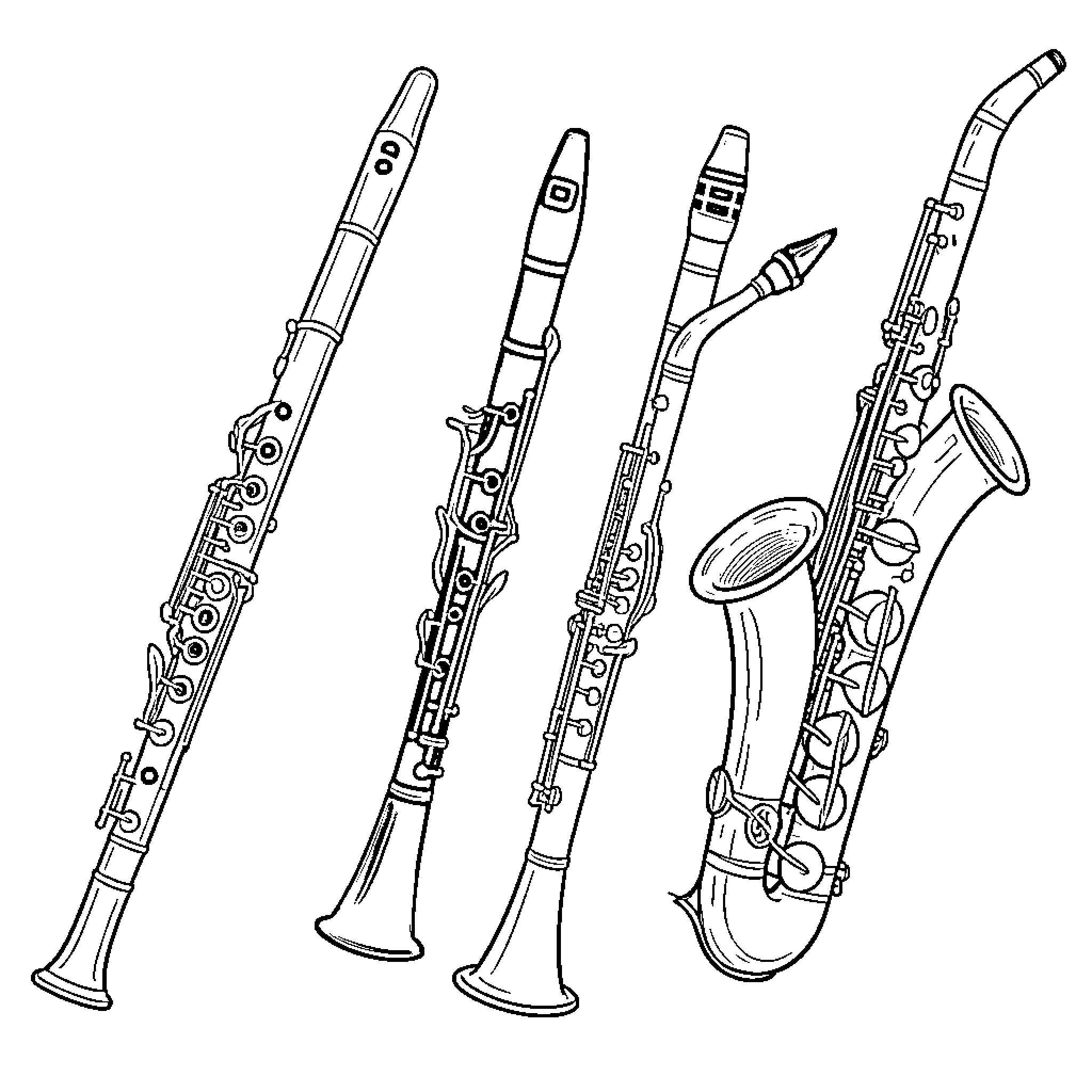 Wind Instrument Collection with Various Designs Coloring Page (free black-and-white line drawing printable PDF for all, from beginners to advanced learners, including children, teens, adults, and seniors)