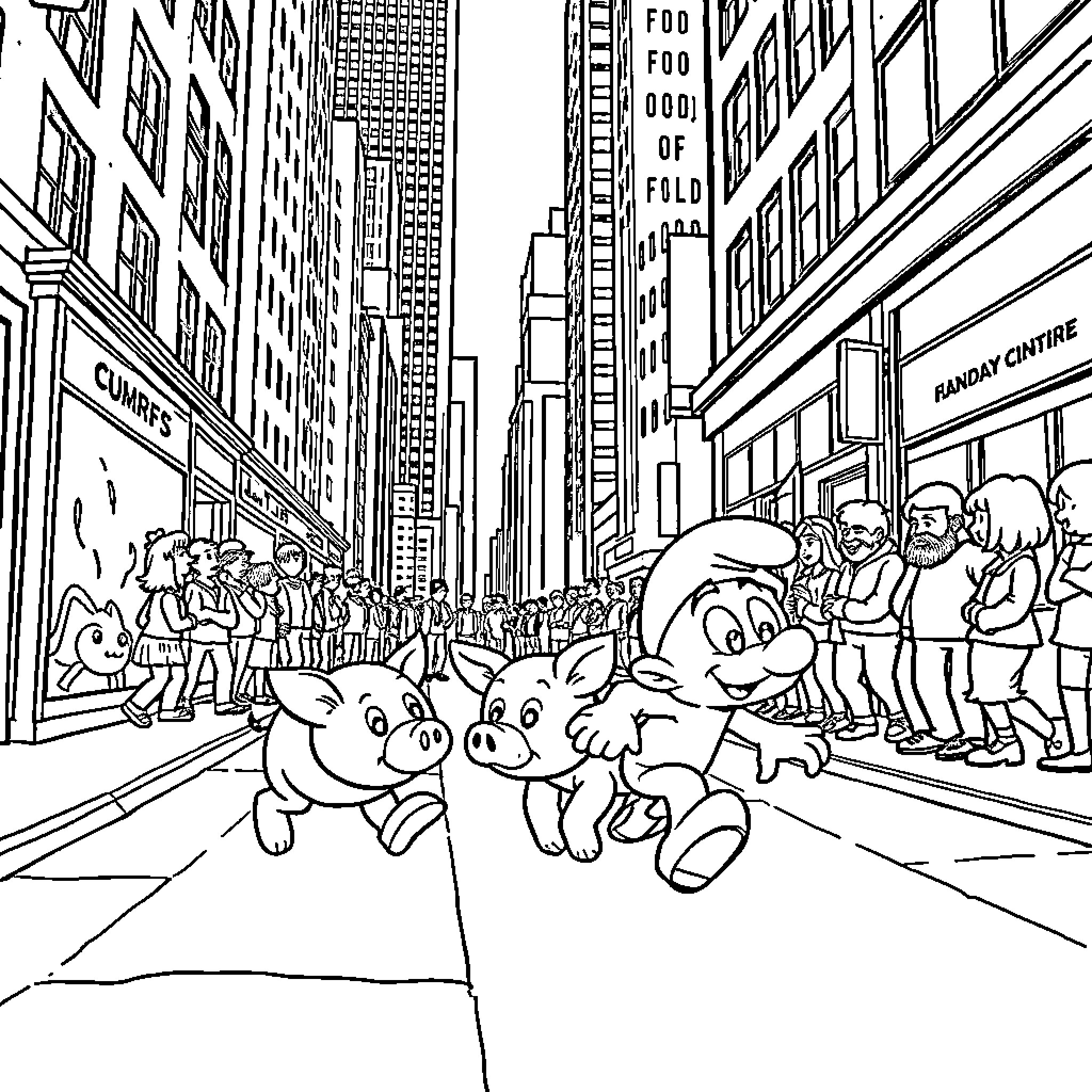 Smurf characters exploring a busy city street Coloring Page (free black-and-white line drawing printable PDF for all, from beginners to advanced learners, including children, teens, adults, and seniors)