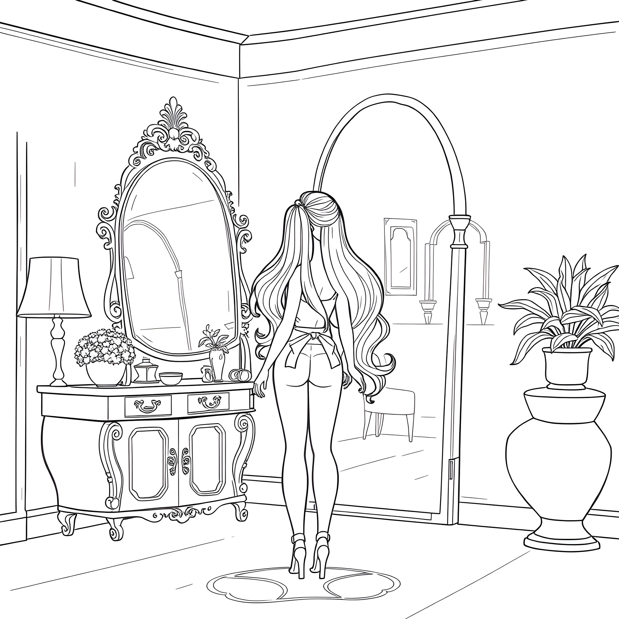 Barbie getting ready in her stylish bedroom Coloring Page (free black-and-white line drawing printable PDF for all, from beginners to advanced learners, including children, teens, adults, and seniors)