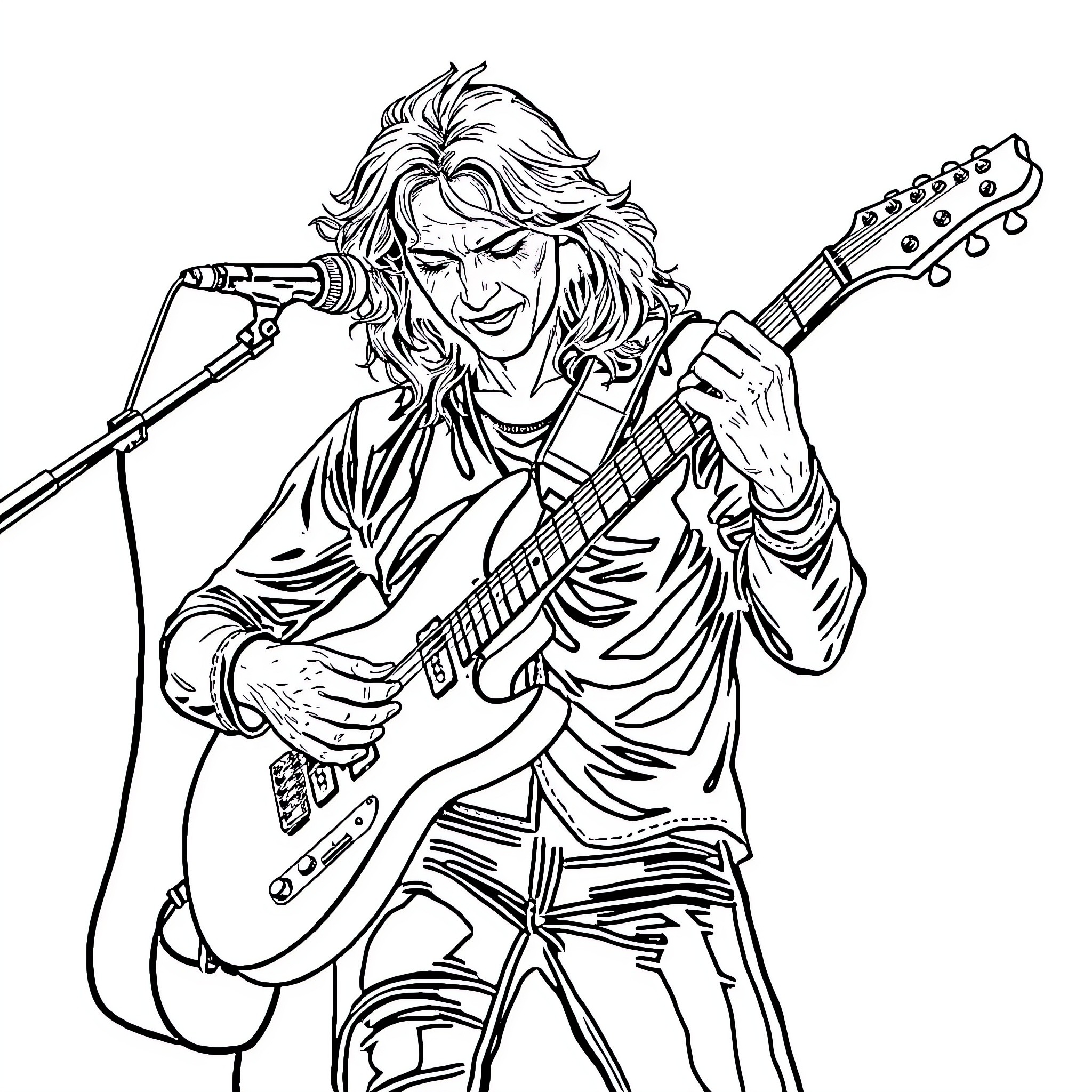 Danael, the Passionate Musician Performing on Stage Coloring Page (free black-and-white line drawing printable PDF for all, from beginners to advanced learners, including children, teens, adults, and seniors)
