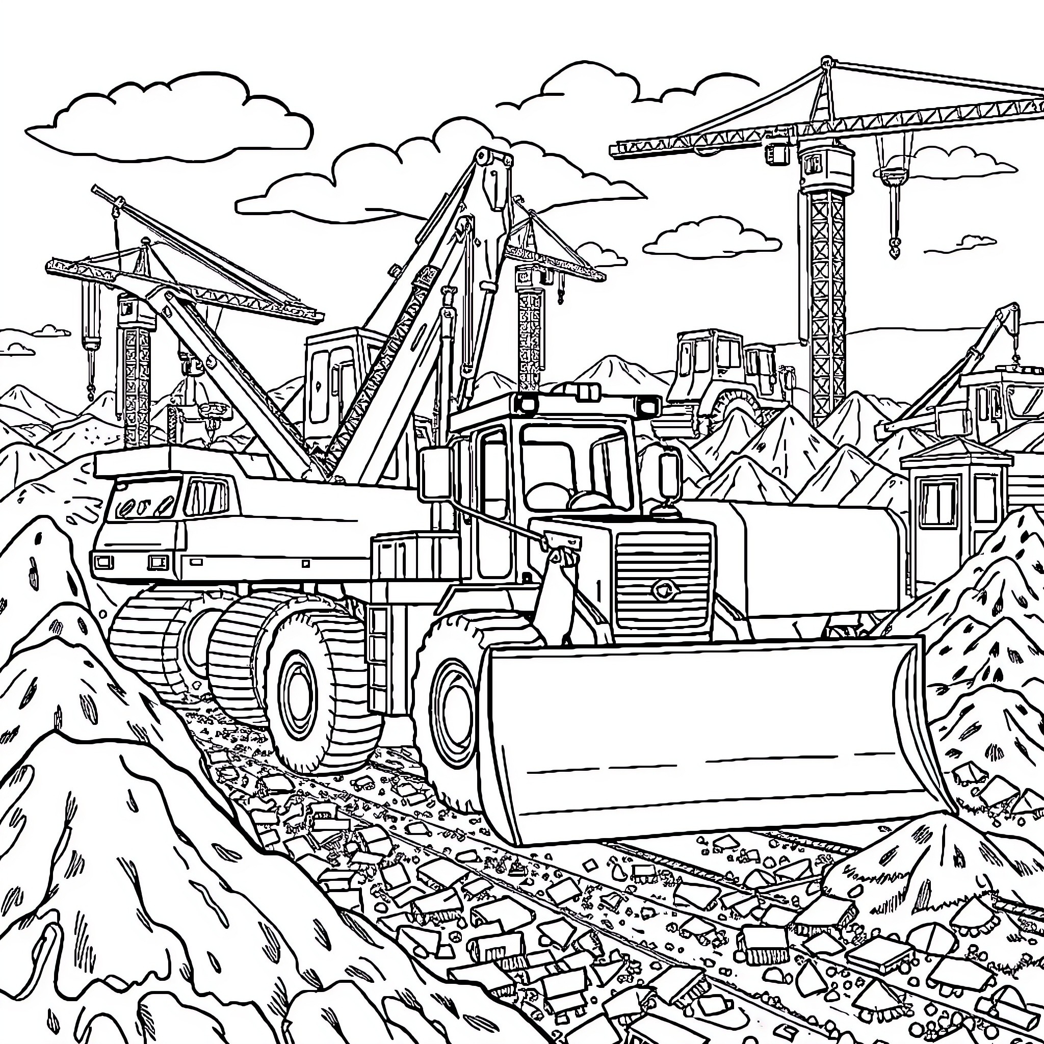 Vehicle Construction Site with Heavy Machinery Coloring Page (free black-and-white line drawing printable PDF for all, from beginners to advanced learners, including children, teens, adults, and seniors)