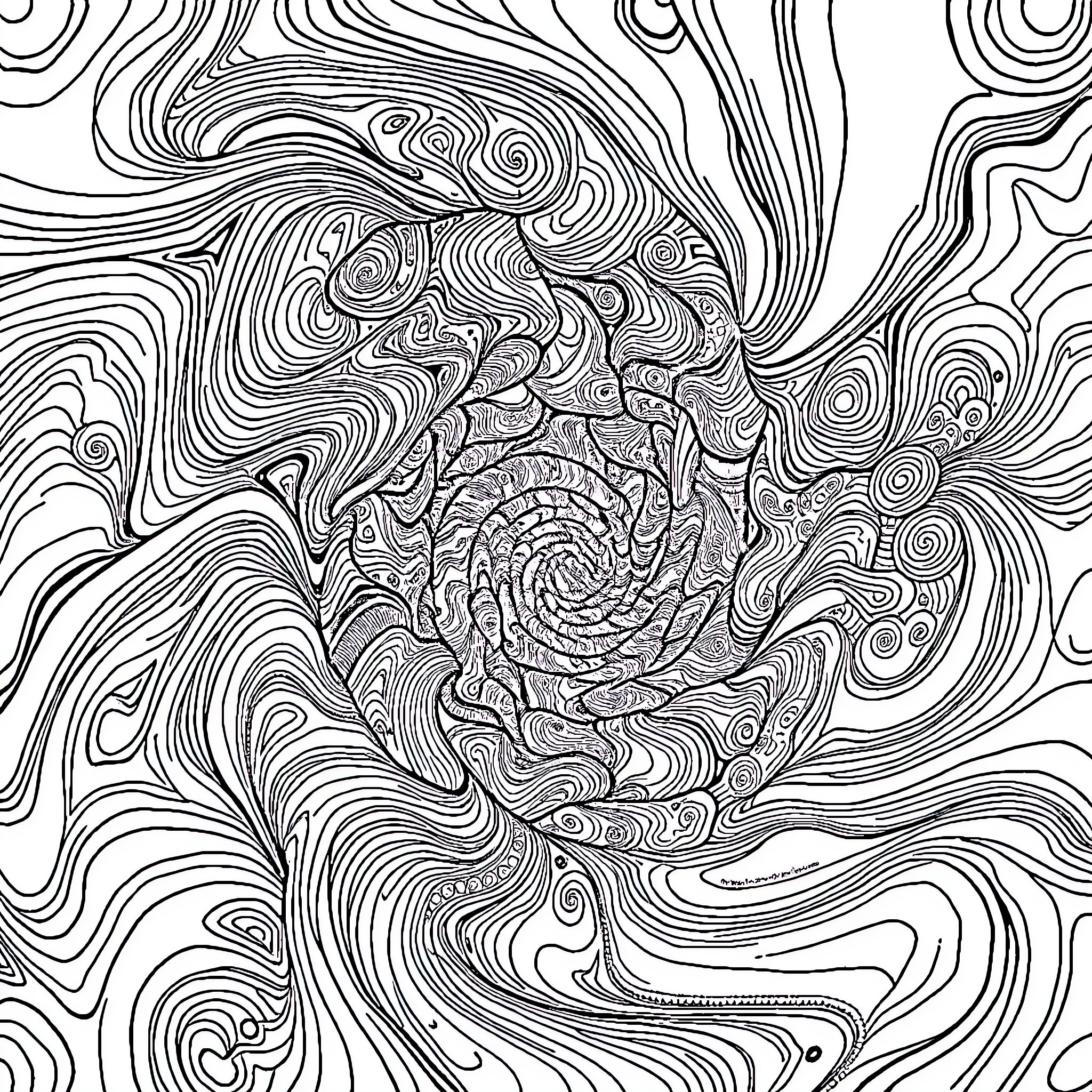 Trippy Spiral Designs and Patterns Coloring Page (free black-and-white line drawing printable PDF for all, from beginners to advanced learners, including children, teens, adults, and seniors)